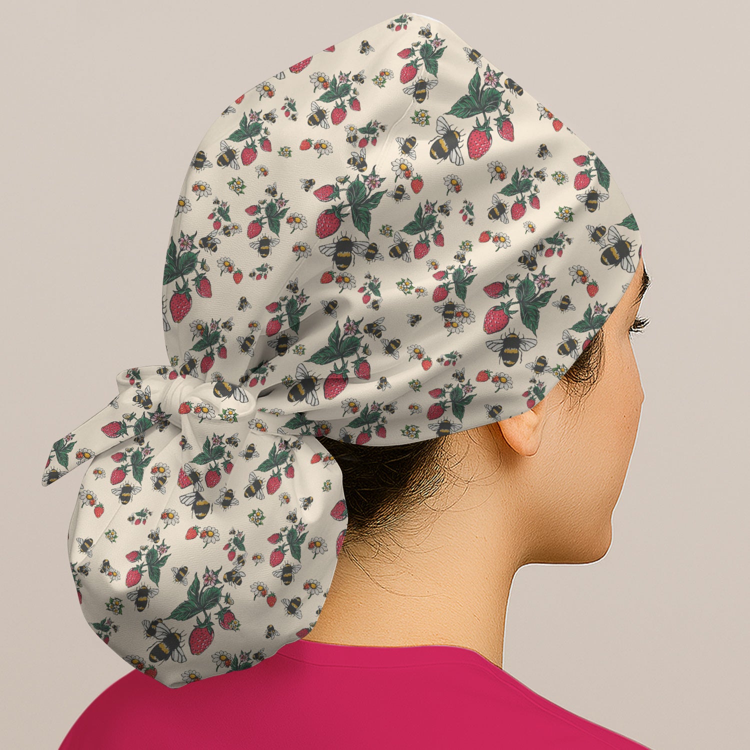 Cute Strawberry Bee Daisy Floral Pattern Scrub Cap, Bouffant Scrub Caps for Women