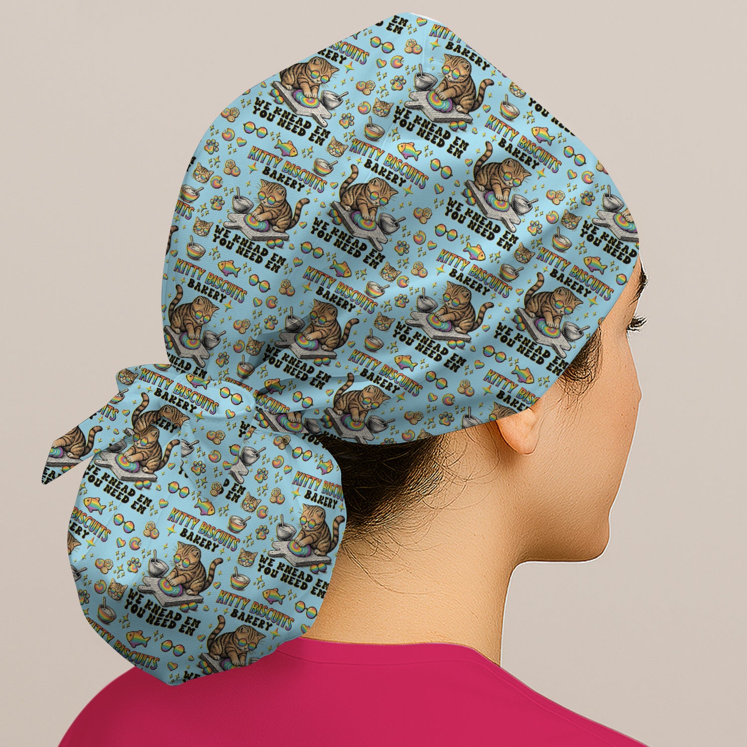 Pride Nurse Cat Baking Rainbow Dough Pattern Cap, Bouffant Scrub Caps for Women