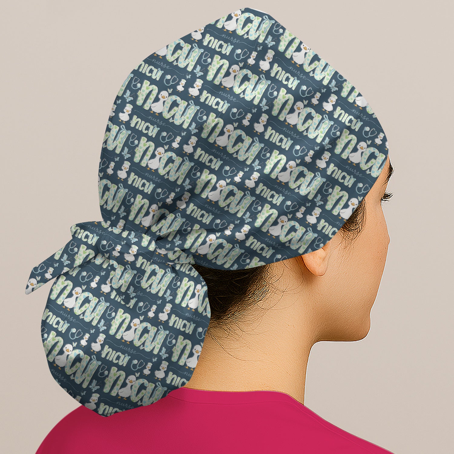 NICU Nurse Duck Pattern Cap, Bouffant Scrub Caps for Women