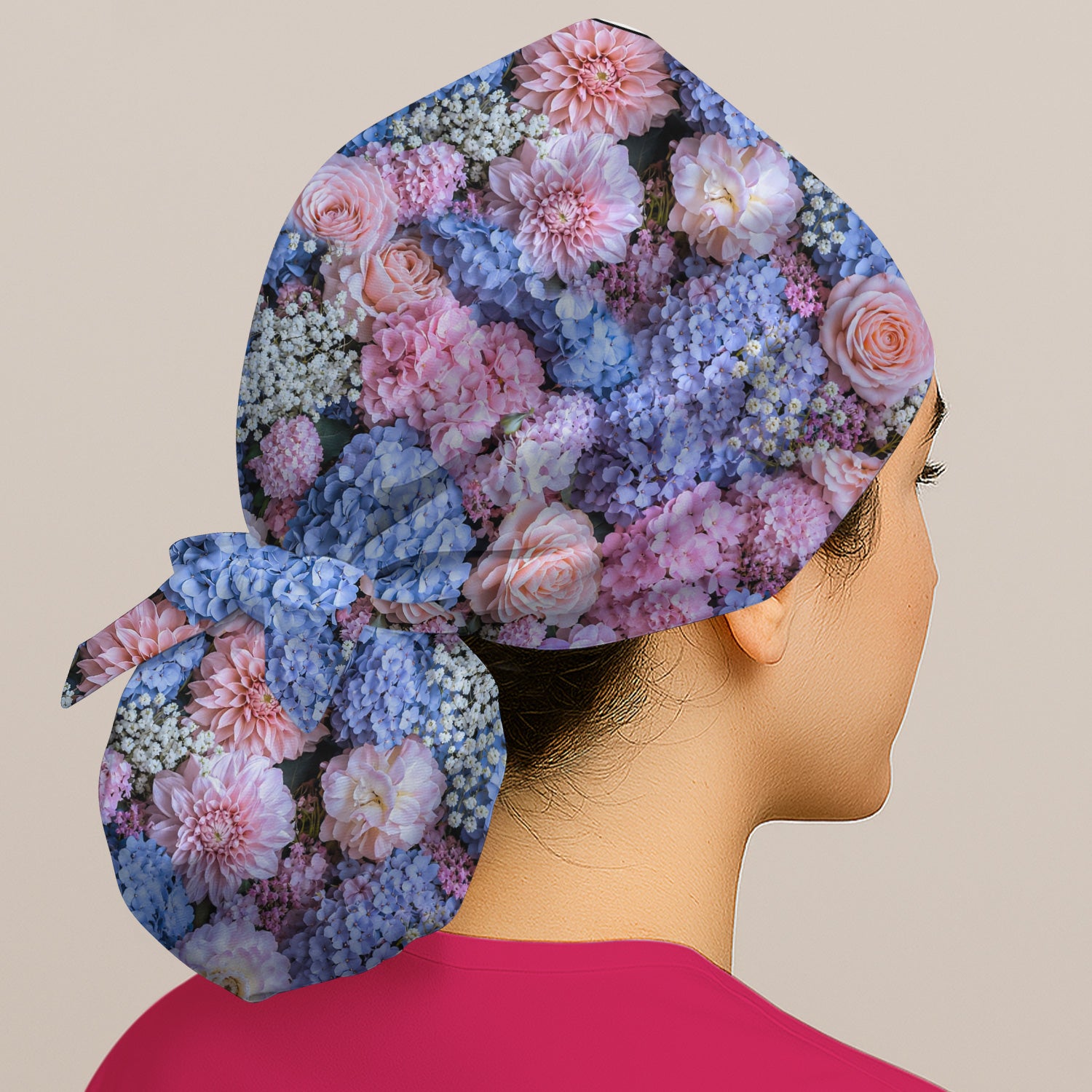 Cute Pastel Hydrangea Rose Blossom Pattern Scrub Cap, Surgical Caps for Doctors