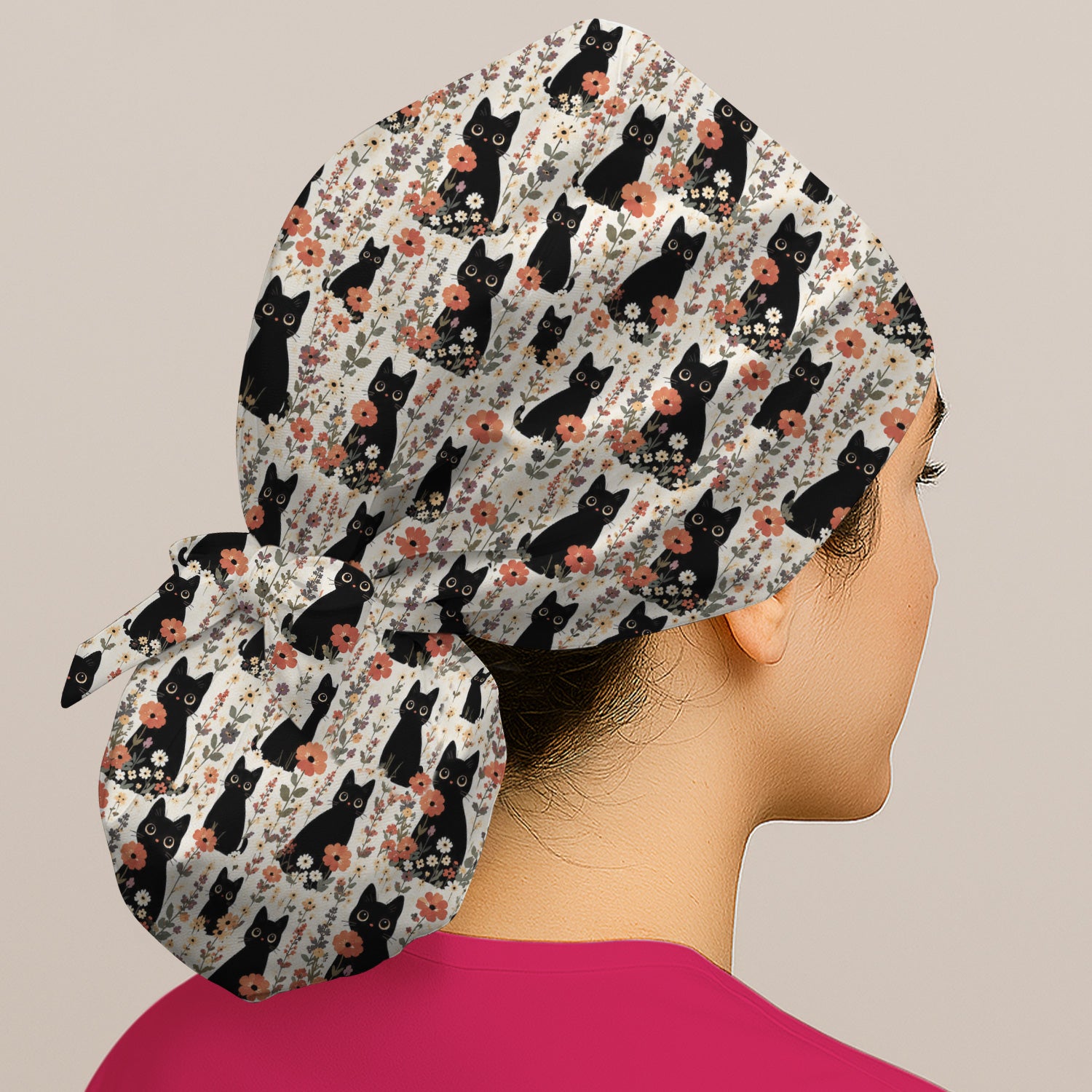 Cute Black Cat Wildflower Pattern Scrub Cap, Surgical Caps for Doctors
