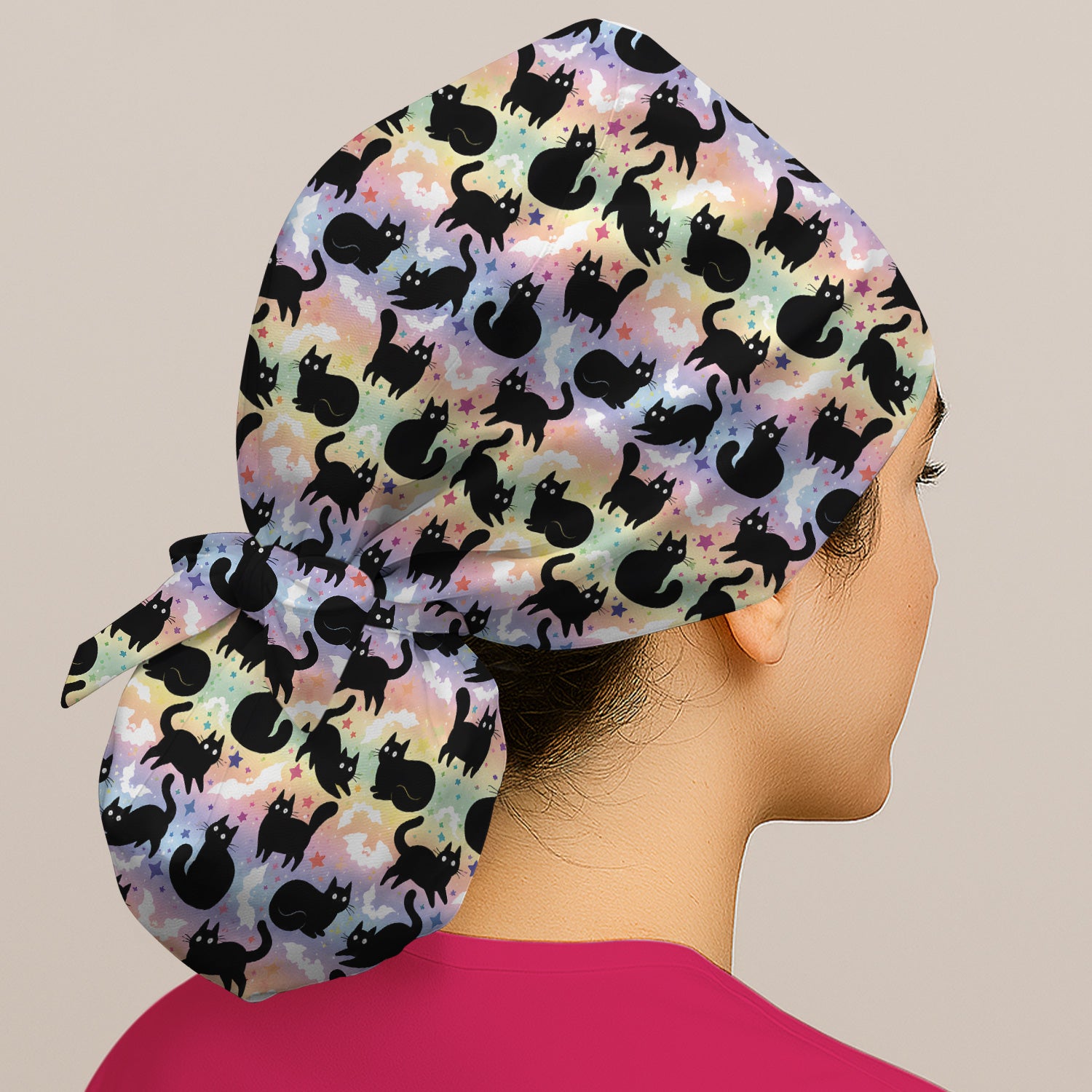 Pastel Star Black Cat Pattern Scrub Cap, Surgical Caps for Doctors