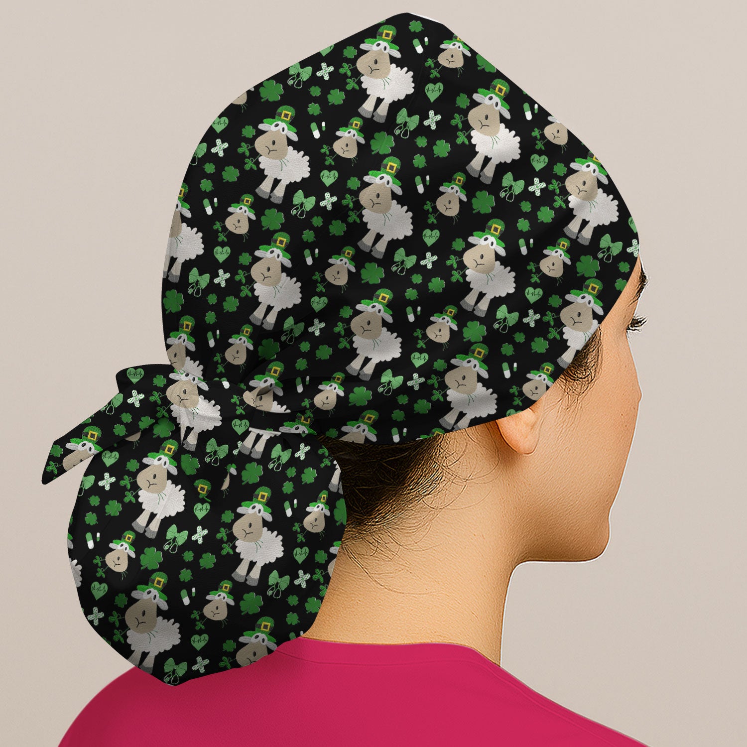 Nurse St. Patrick Scrubs Cap, Cute Sheep Shamrock Pattern Nurse Hat, Breathable Fabrics Nursing Uniform