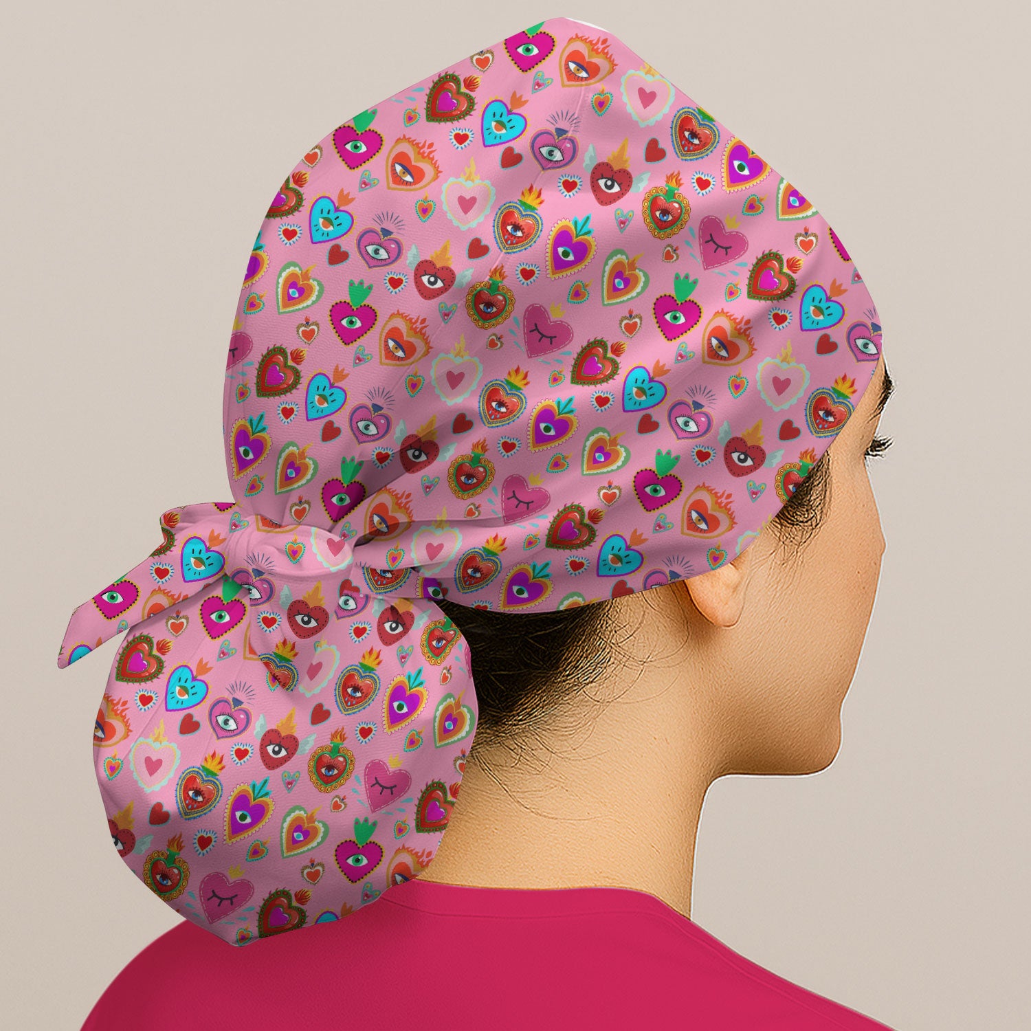 Valentine Colorful Sacred Heart Print Cap, Bouffant Scrub Caps for Women