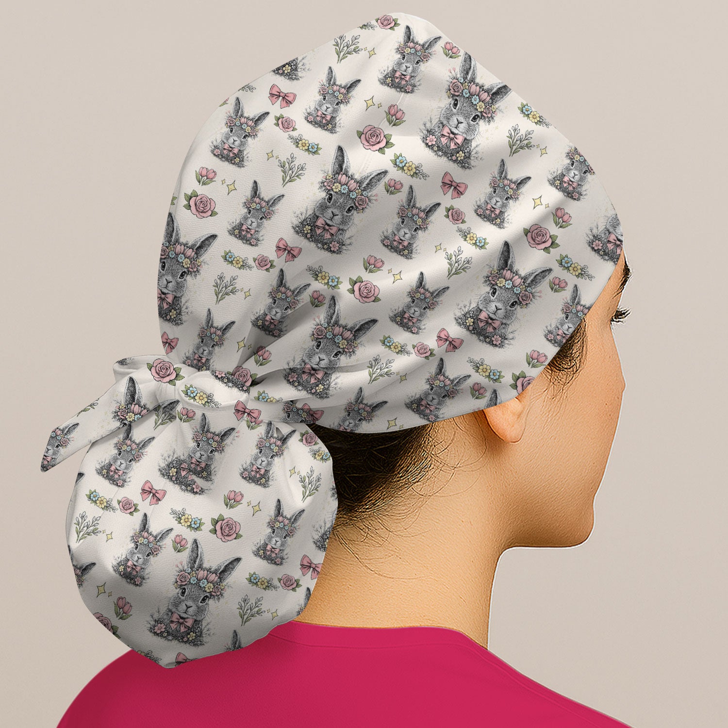 Vintage Floral Bunny Print Cap, Breathable Fabrics Caps Uniform
