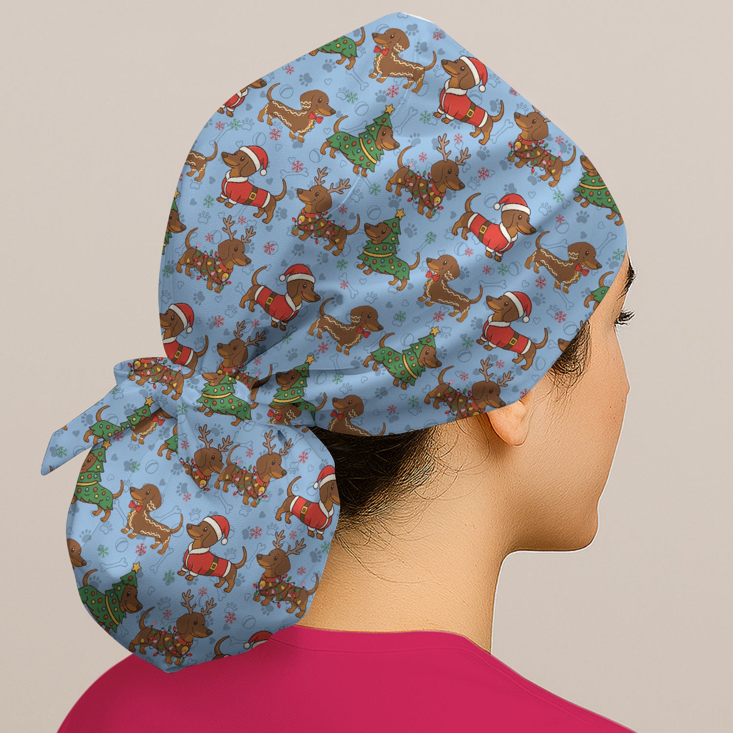 Christmas Dachshund Scrub Cap - Sausage Dog Wiener Holiday Surgical Hat Multi Color - Xmas Gift for RN CNA LPN