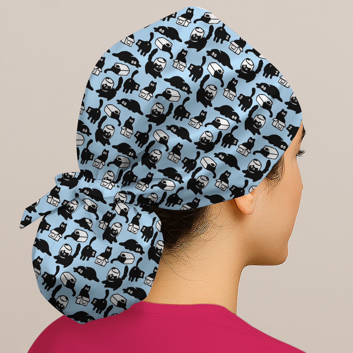 Dark Playful Cat Cartoon Pattern Cap, Bouffant Scrub Caps for Women