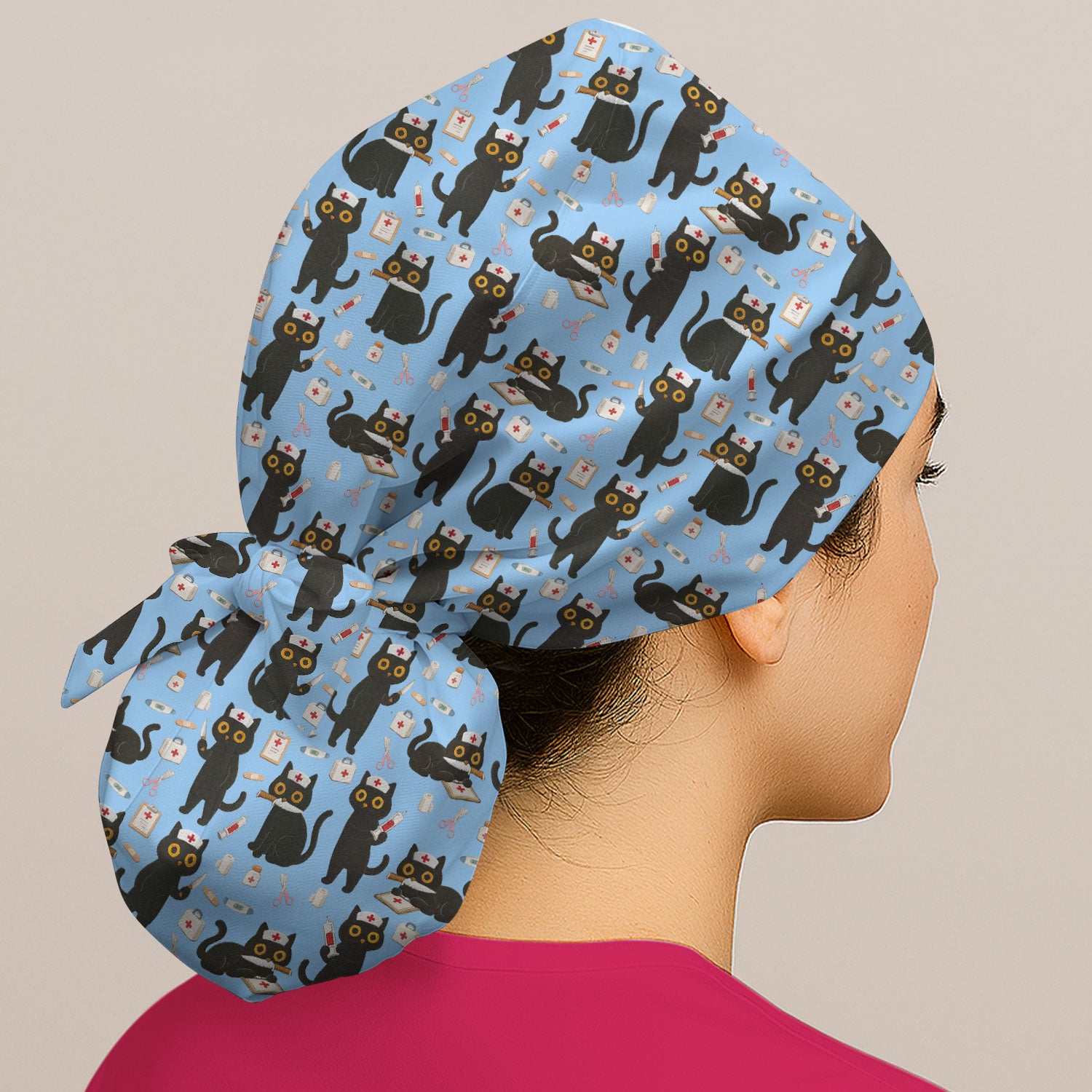 Cute Black Cat Nurse Pattern Cap, Bouffant Scrub Caps for Women