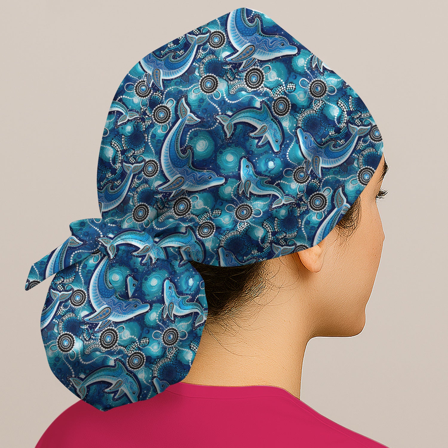 Ocean Dolphin Aboriginal Dot Print Scrub Cap, Surgical Caps for Doctors