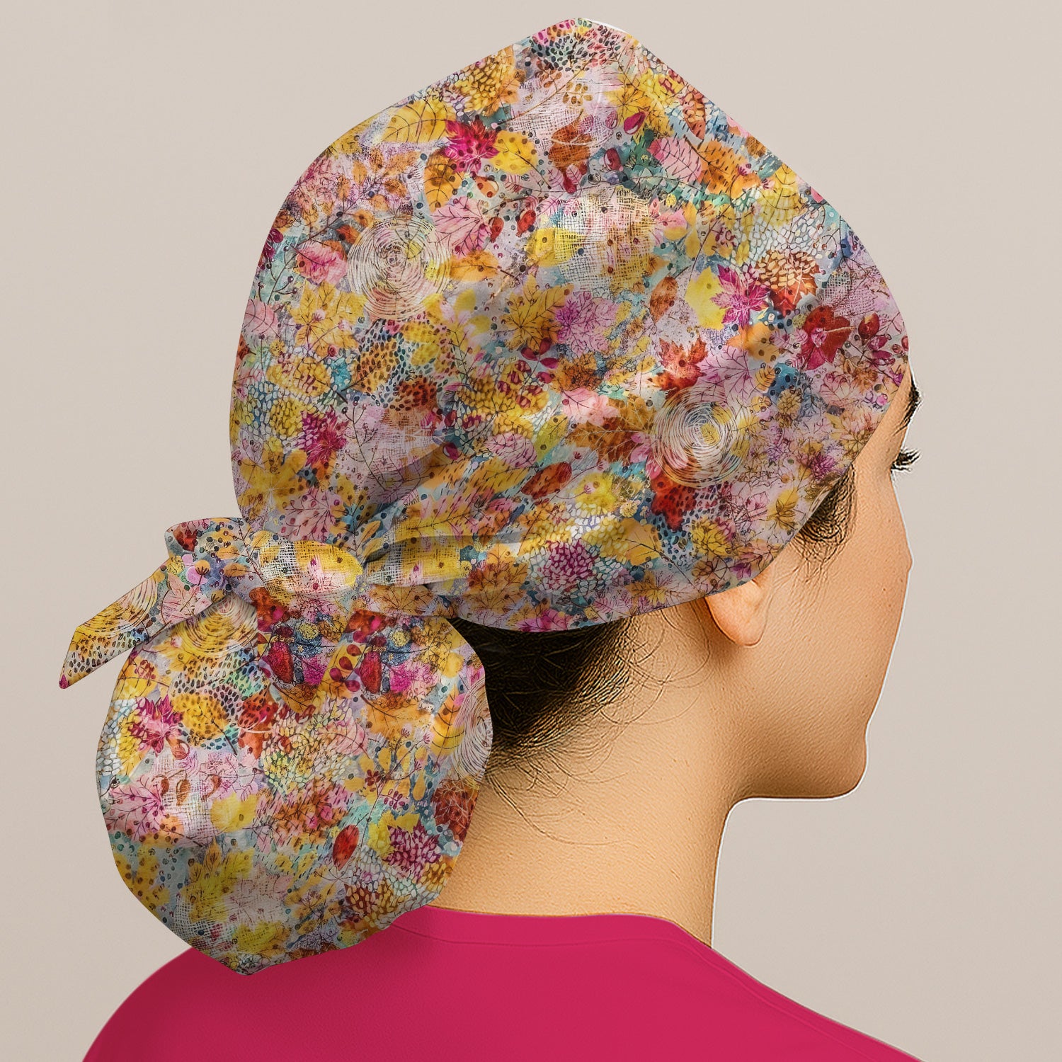 Autumn Floral Leaves Pattern Print Cap, Bouffant Scrub Caps for Women