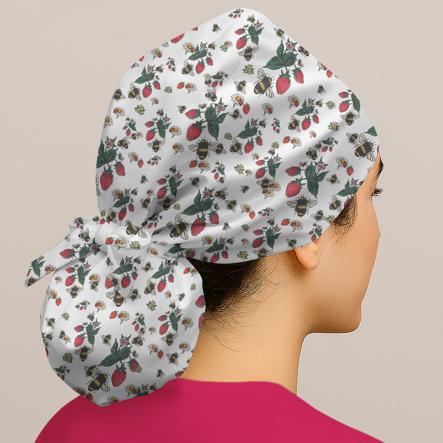 Cute Strawberry Bee Daisy Floral Pattern Scrub Cap, Bouffant Scrub Caps for Women
