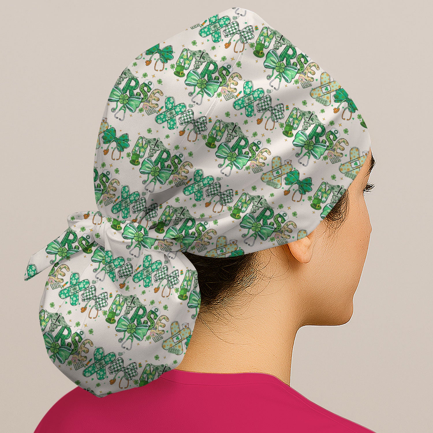 St. Patrick’s Nurse Scrub Cap, Lucky Clover And Green Bow Pattern Nurse Hat, Breathable Fabrics Nursing Uniform