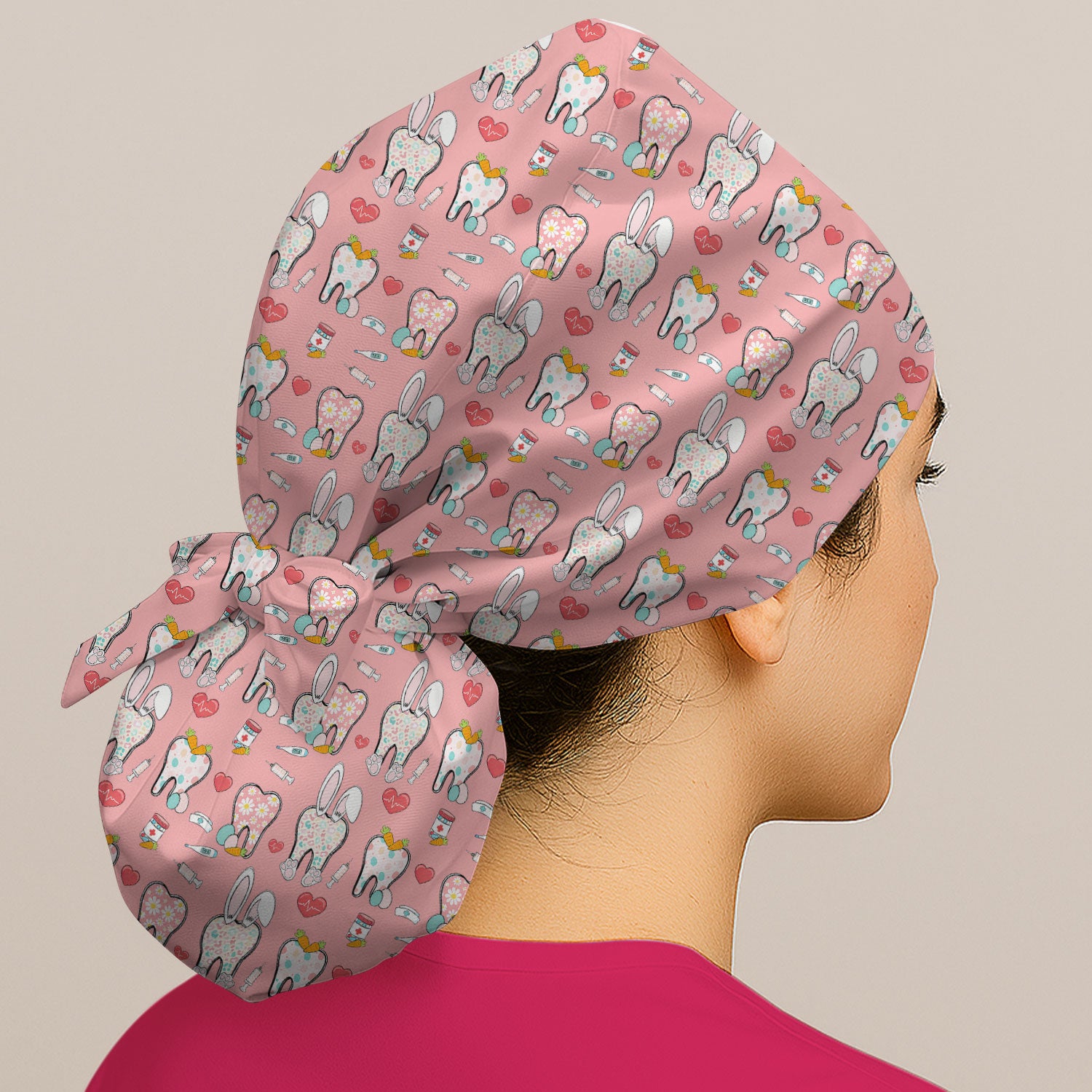 Playful Bunny Dentist Illustration Medical Cap, Bouffant Scrub Caps for Women