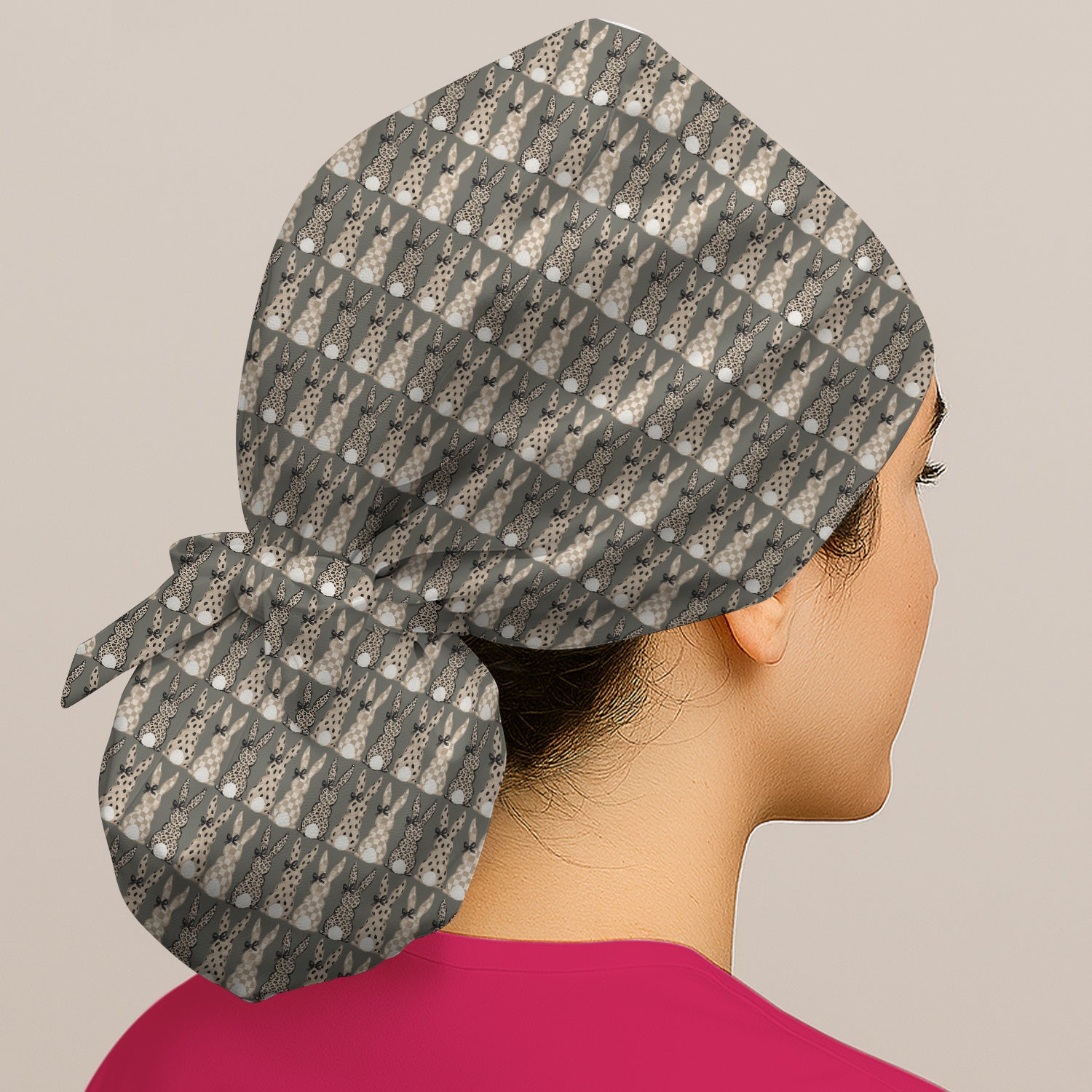 Vintage Bunny Pattern Beige Cap, Bouffant Scrub Caps for Women