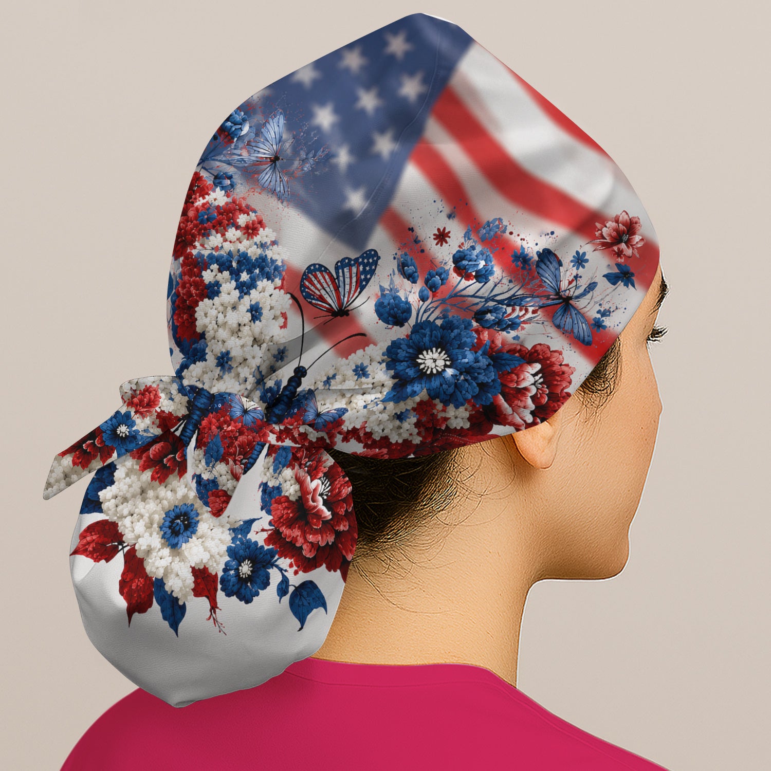 Patriotic Butterfly with Floral Print Scrub Cap, Surgical Caps for Doctors