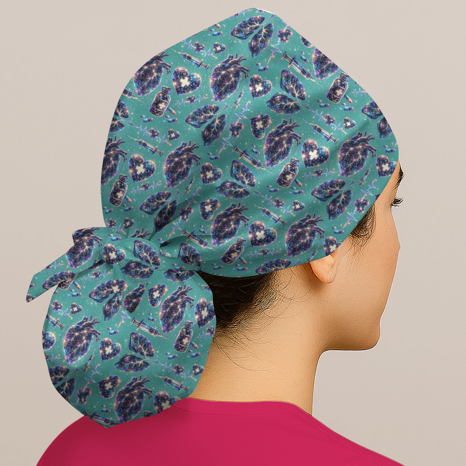 Galaxy Anatomical Heart Lung Syringe Print Cap, Bouffant Scrub Caps for Women
