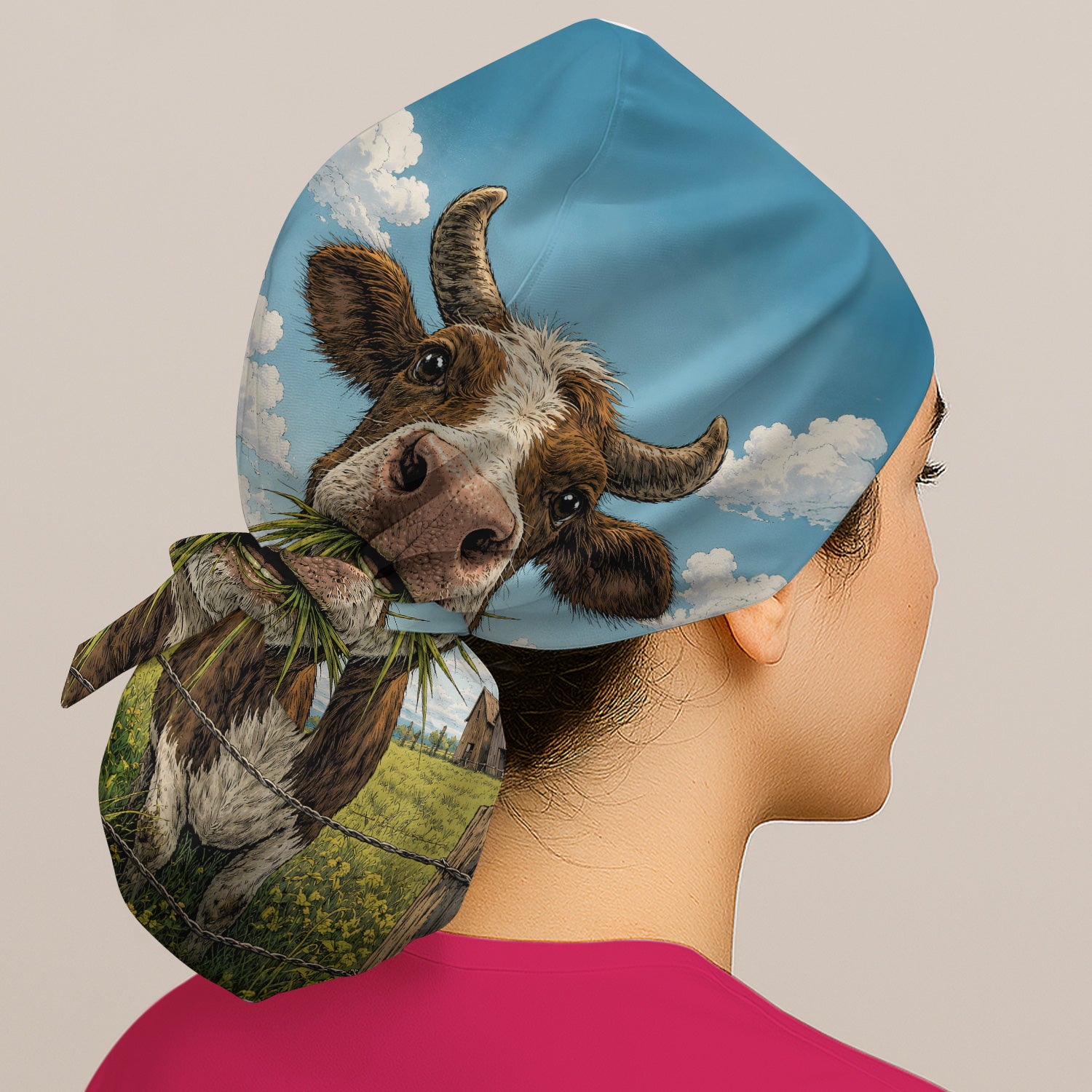 Curious Highland Cow Farm Scene Scrub Cap, Surgical Caps for Doctors