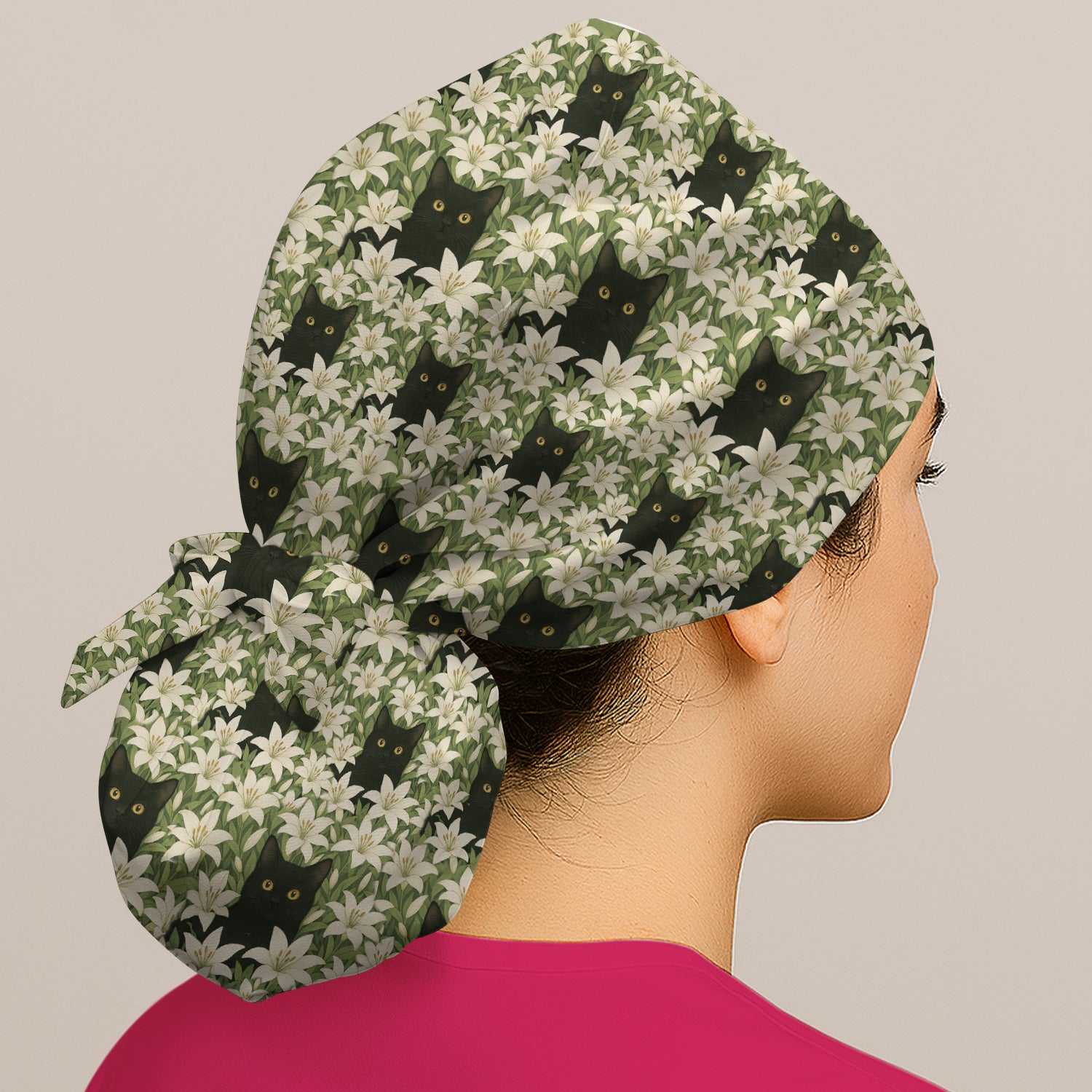 Black Cat Hidden In Lily Garden Pattern Scrub Cap, Surgical Caps for Doctors