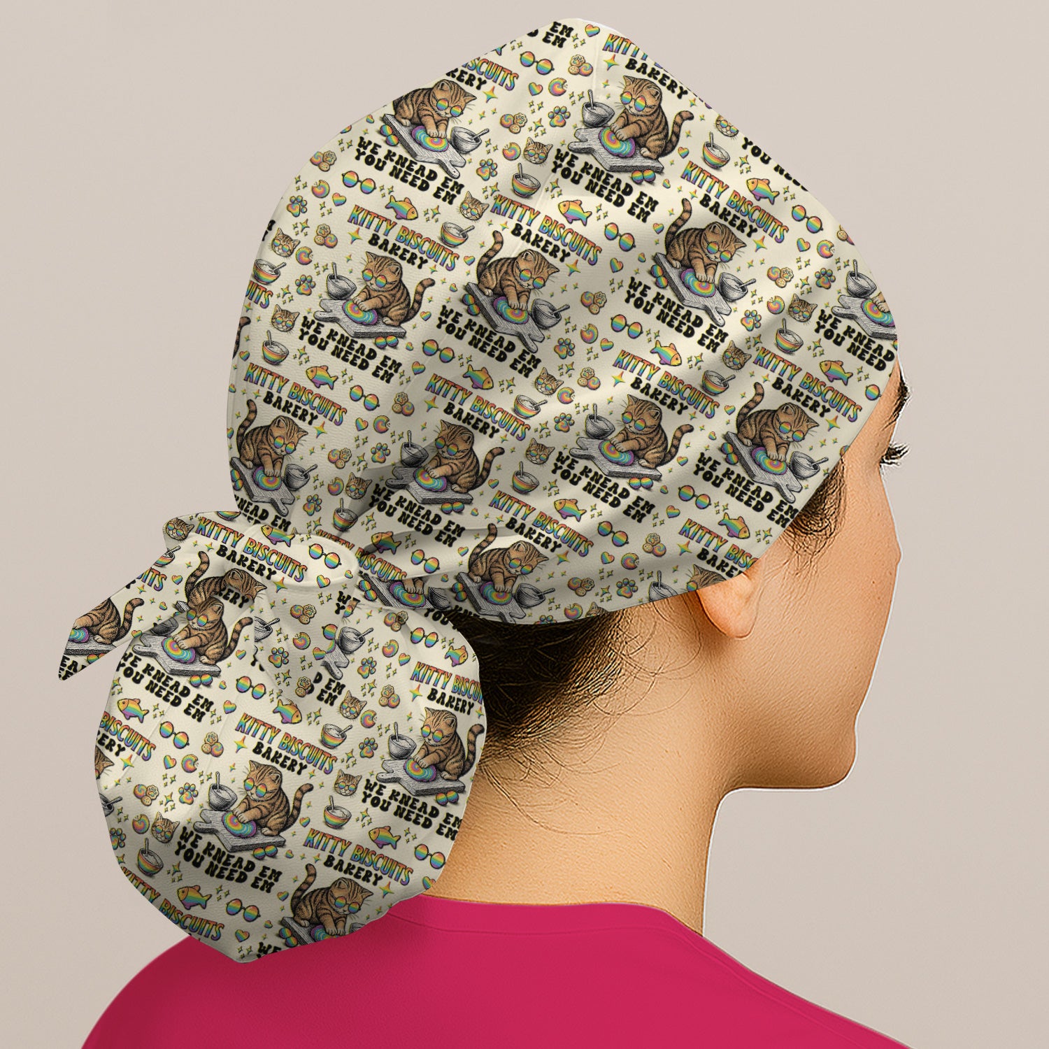 Pride Nurse Cat Baking Rainbow Dough Pattern Cap, Bouffant Scrub Caps for Women