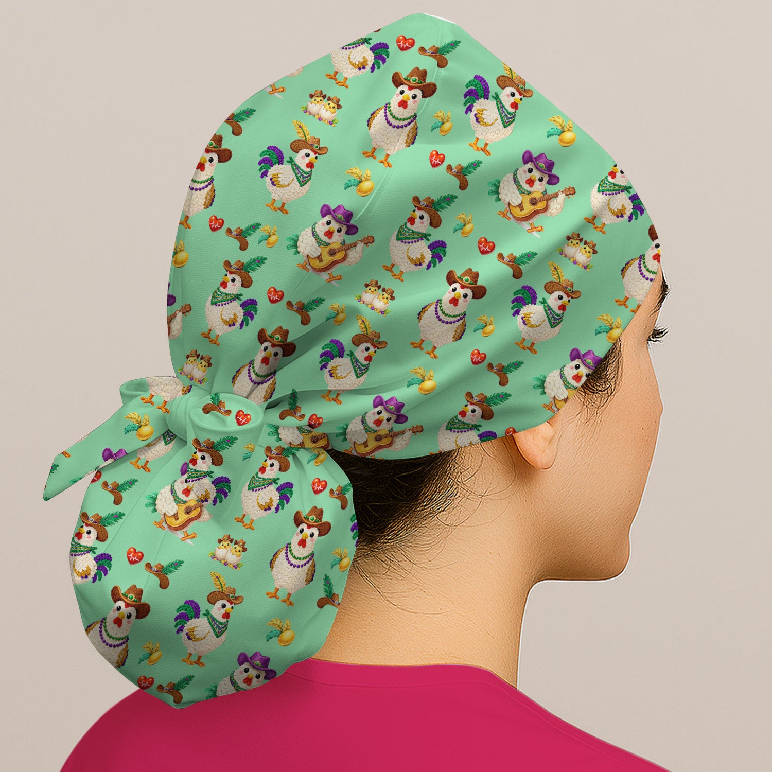 Funny Mardi Gras Rooster Cowboy Print Cap, Bouffant Scrub Caps for Women