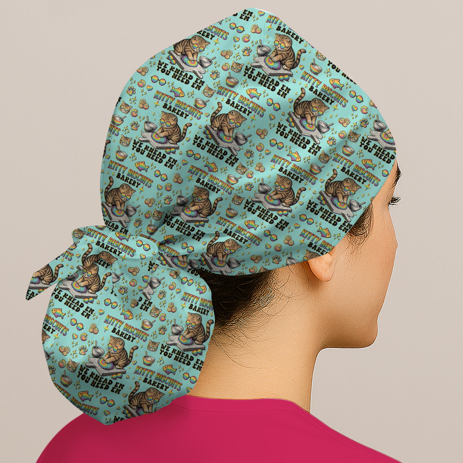 Pride Nurse Cat Baking Rainbow Dough Pattern Cap, Bouffant Scrub Caps for Women