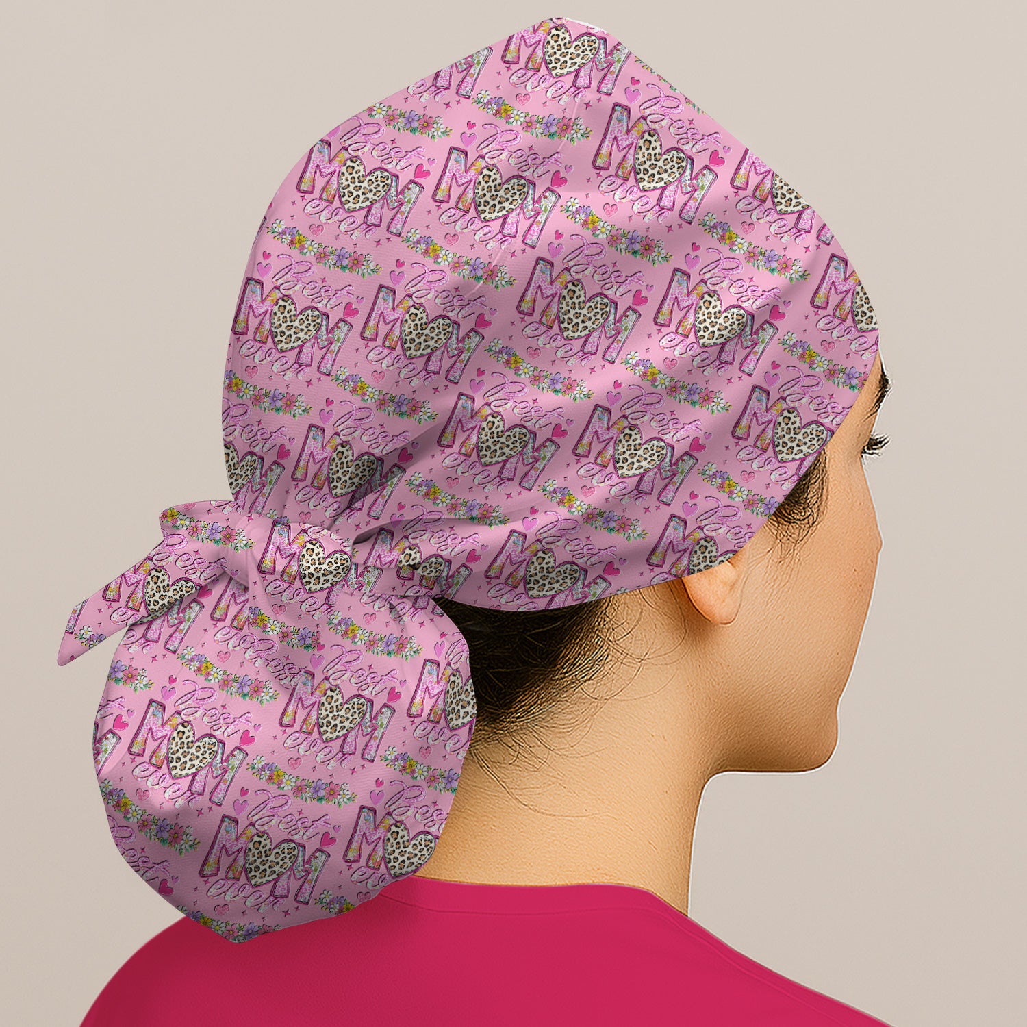 Best Mom Ever Leopard Heart Floral Pattern Cap, Bouffant Scrub Caps for Women