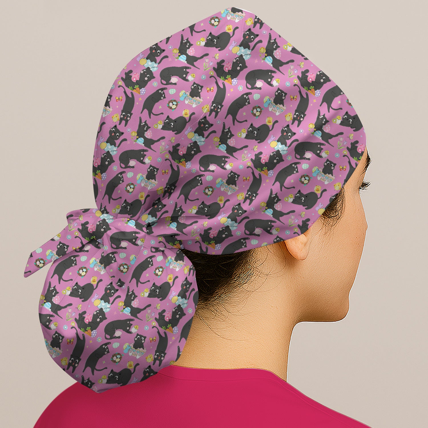 Playful Black Cat Easter Egg Pattern Cap, Bouffant Scrub Caps for Women