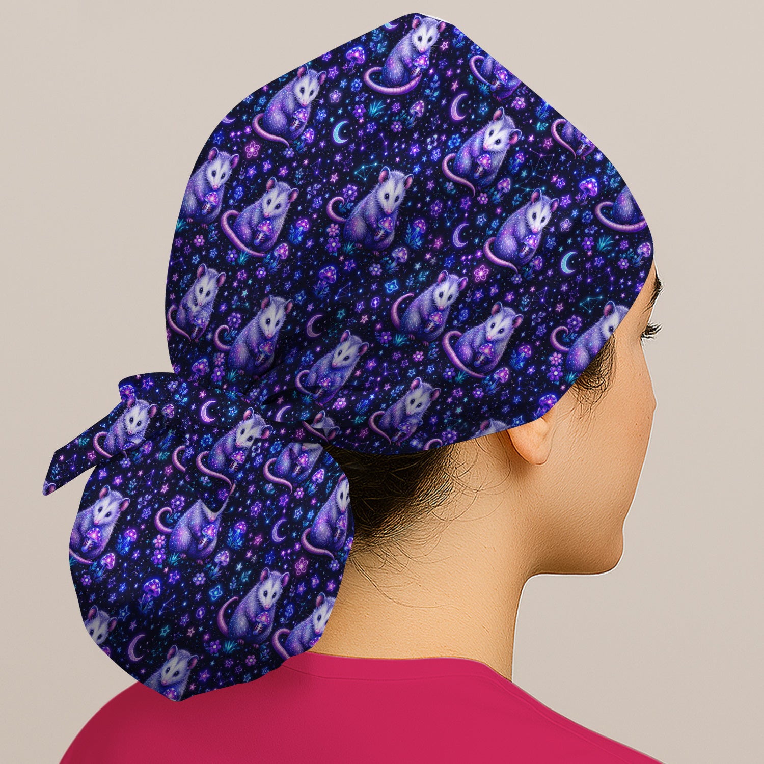 Neon Opossum Mushroom Galaxy Pattern Scrub Cap, Surgical Caps for Doctors
