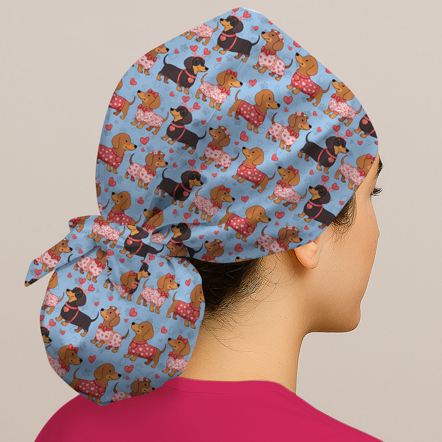 Valentine Dachshund Scrub Cap, Wiener Dog Love Pattern Nurse Hat, Breathable Fabrics Nursing Uniform