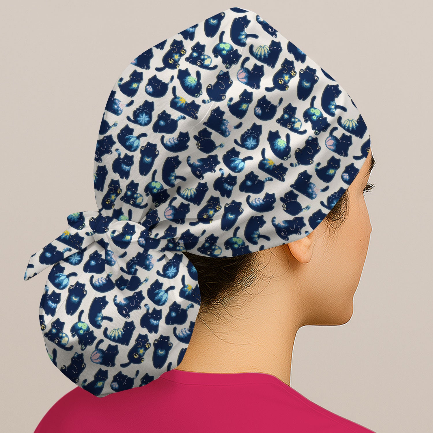 Midnight Cat Scrub Cap, Black Cat Pattern Nurse Hat, Breathable Fabrics Nursing Uniform