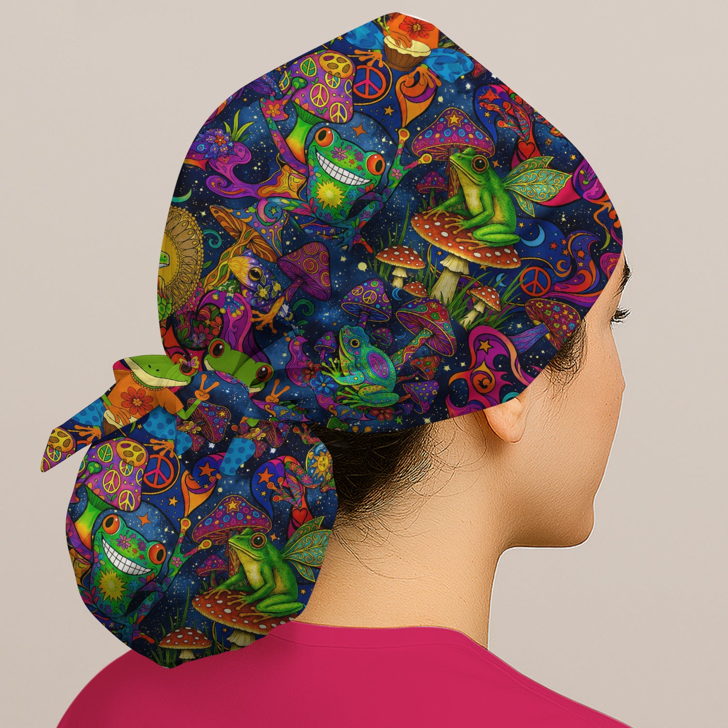 Psychedelic Frog with Mushroom Peace Print Scrub Cap, Surgical Caps for Doctors