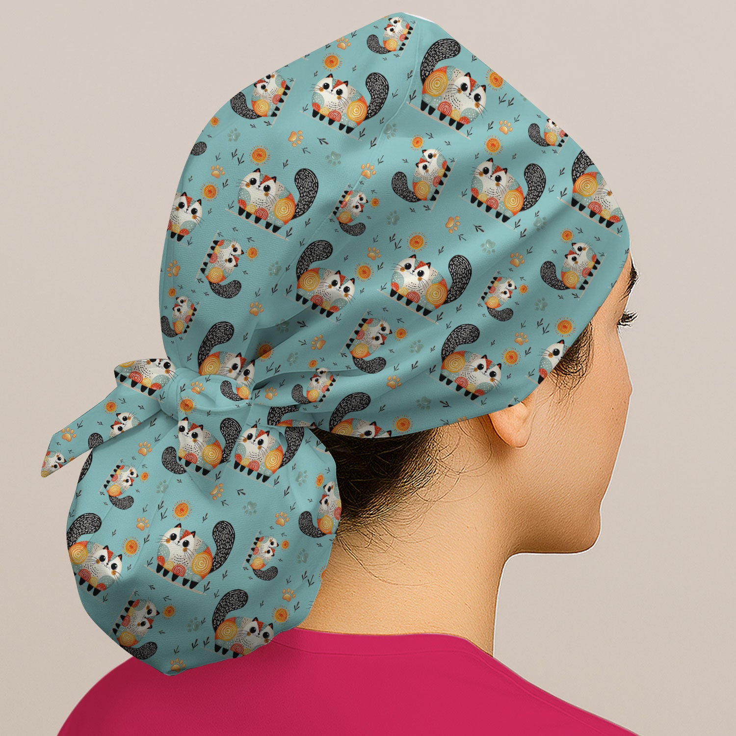 Playful Cat Illustration Scrub Cap, Bouffant Scrub Caps for Women
