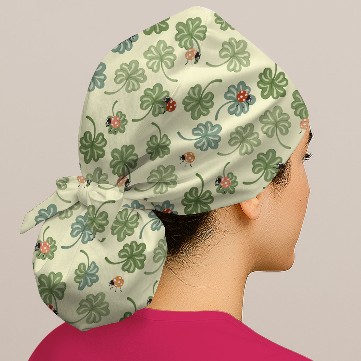 Clover and Ladybug Lucky Garden Pattern Caps, Bouffant Scrub Caps for Women