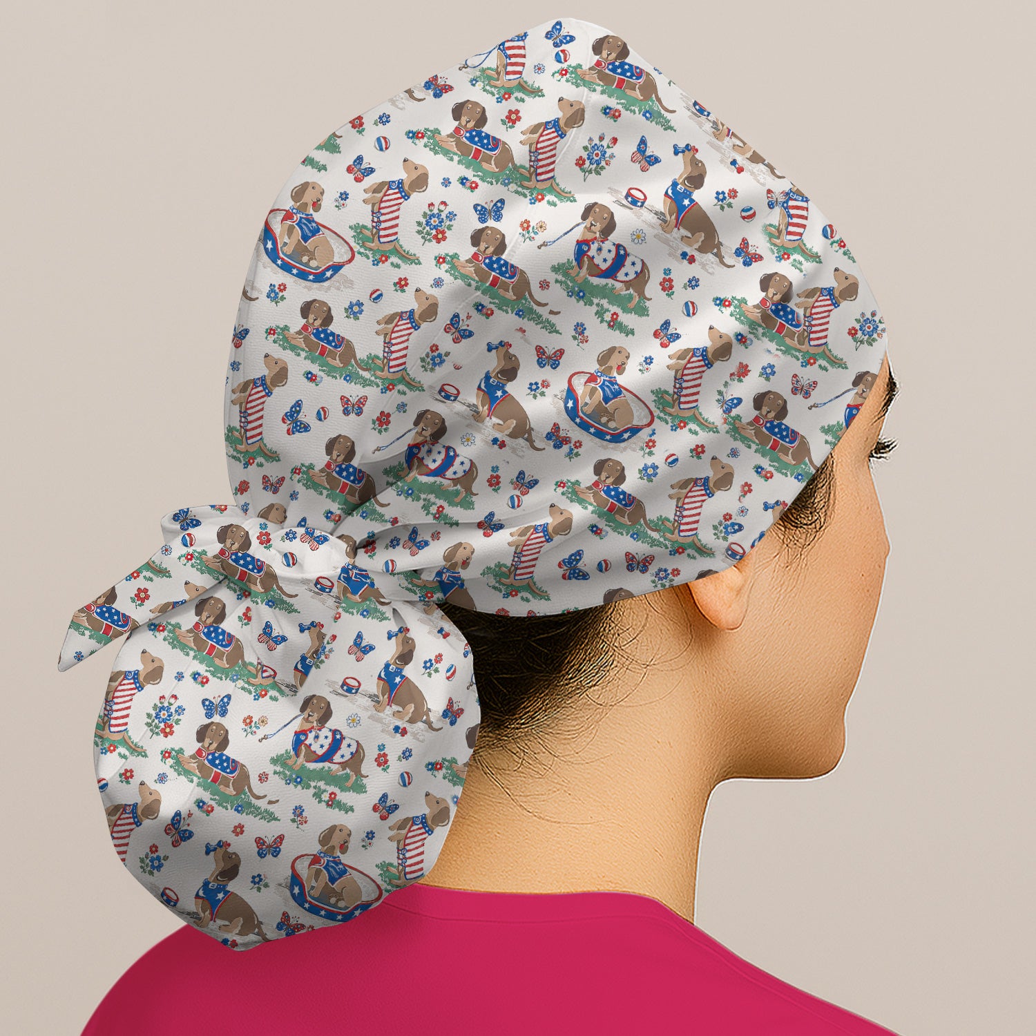 Patriotic Dachshund Garden Party Pattern Scrub Cap, Surgical Caps for Doctors