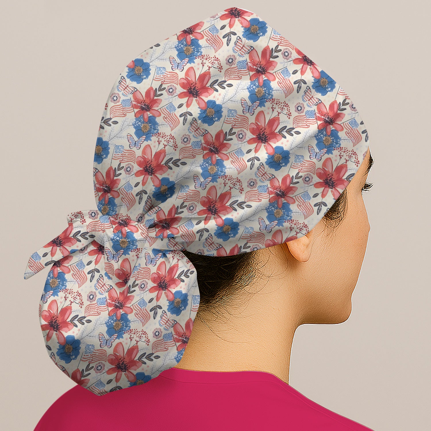 Patriotic Wildflower Flag Butterfly Pattern Scrub Cap, Surgical Caps for Doctors