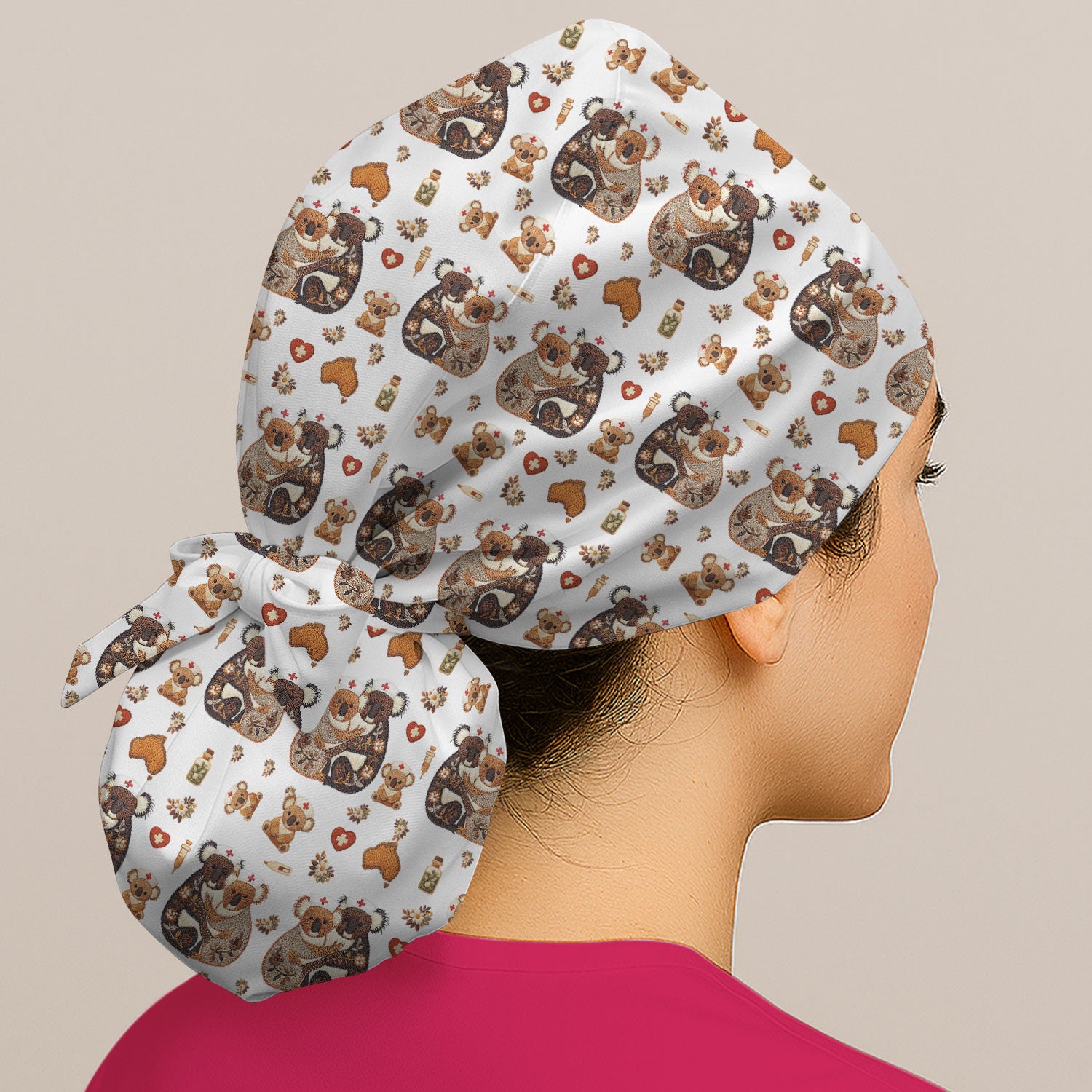 Cute Cartoon Koala Valentine Nurse Design Cap, Bouffant Scrub Caps for Women