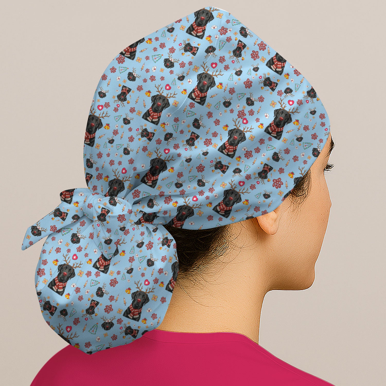 Funny Black Lab Reindeer Bouffant Scrub Caps for Women - Christmas Dog Lover Caps for Her