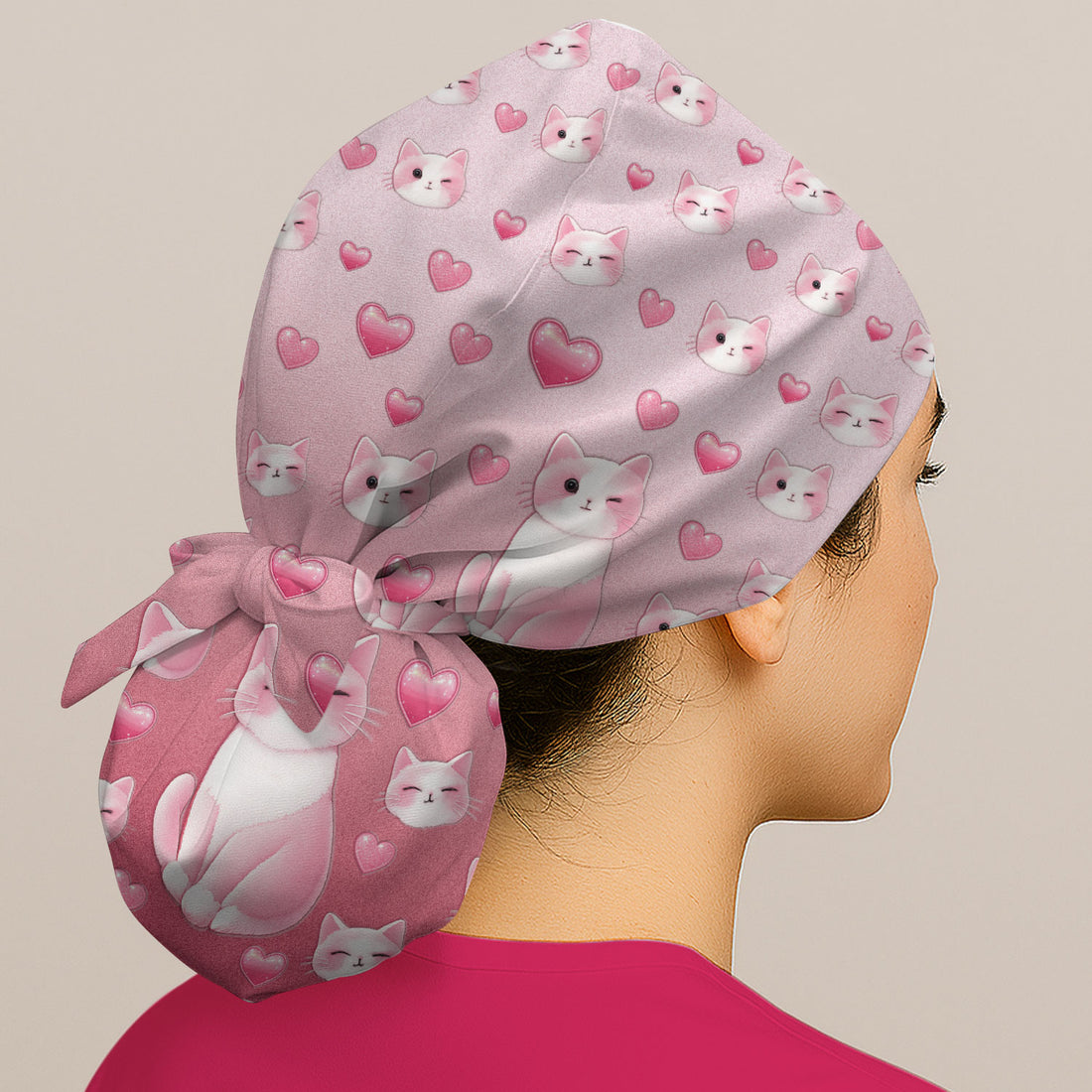 Valentine Cat Scrub Cap, Cute Heart Pattern Nurse Hat, Comfortable Scrubs For Nursing