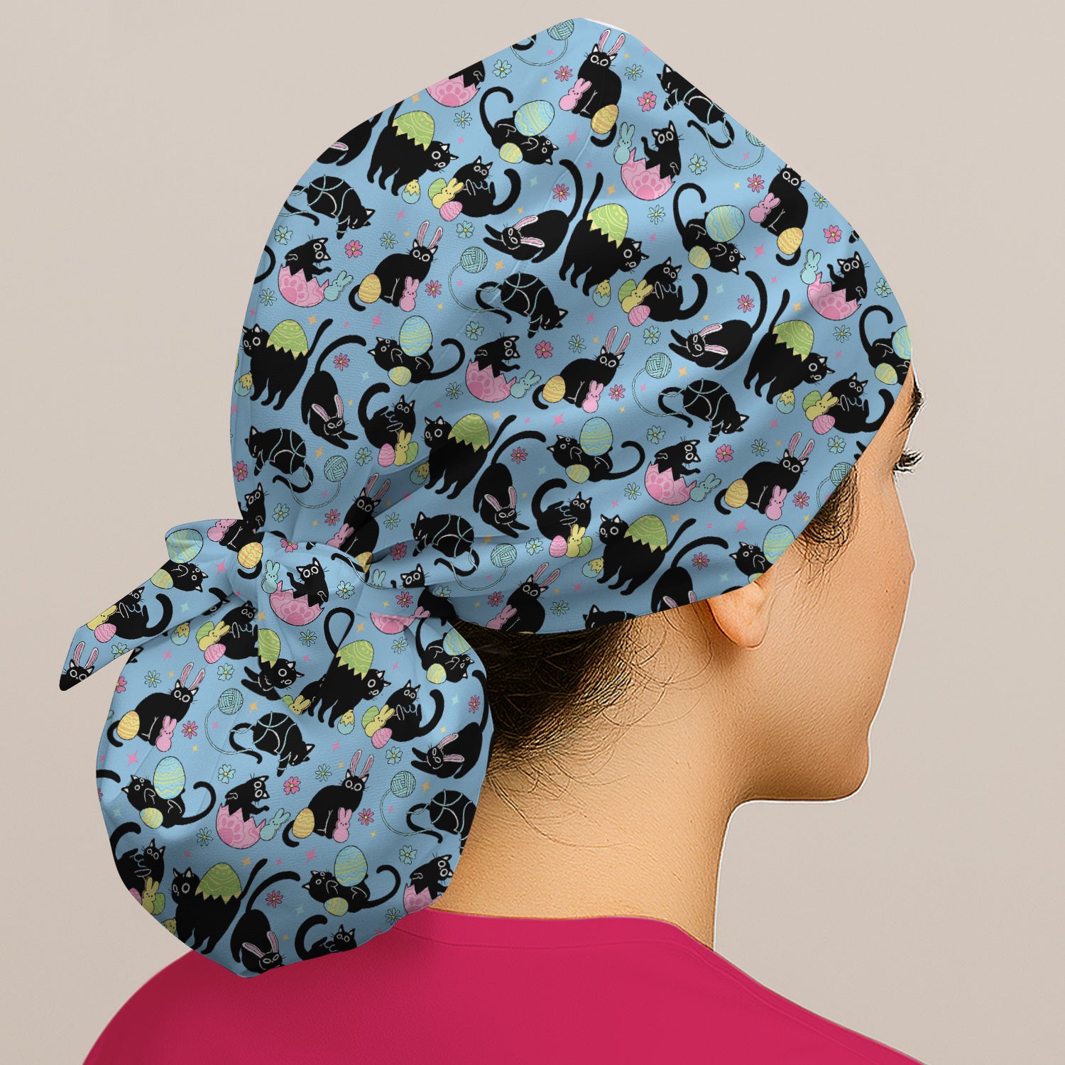 Funny Easter Black Cat Egg Pattern Print Cap, Bouffant Scrub Caps for Women