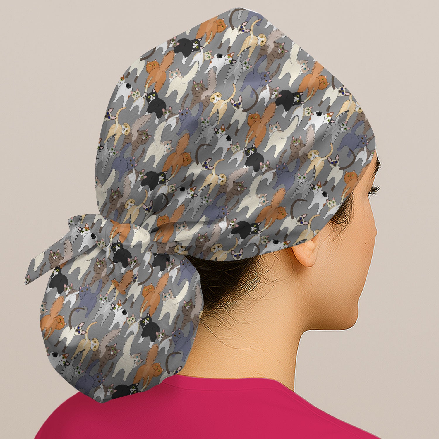 Whimsical Multicolor Cat Cartoon Pattern Cap, Bouffant Scrub Caps for Women
