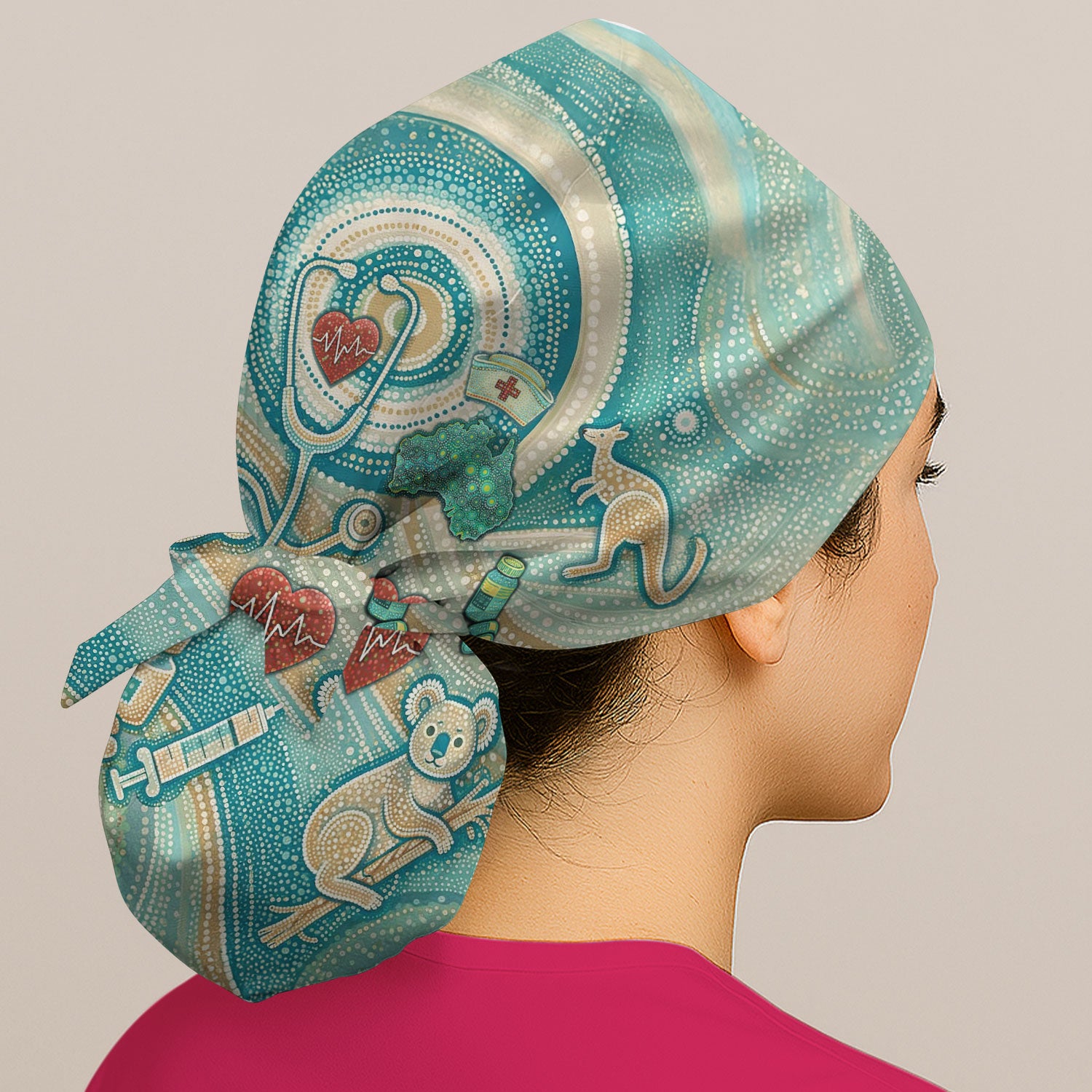 Australian Wildlife Dot Art Inspired Nursing Scrub Caps for Women