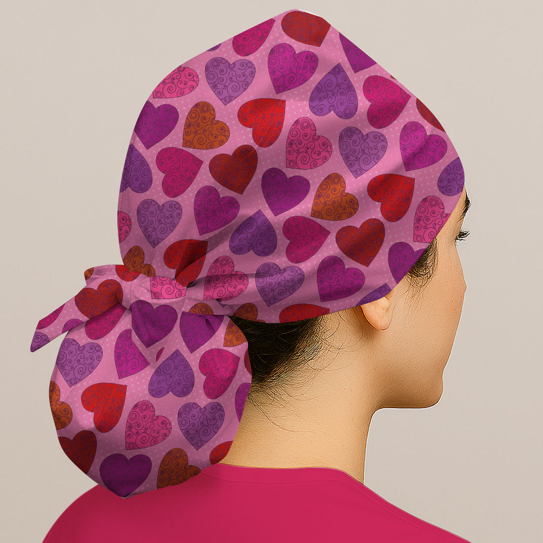 Women’s Pink Heart Scrub Cap, Valentine Heart Pattern Nurse Hat, Comfortable Scrubs For Nursing