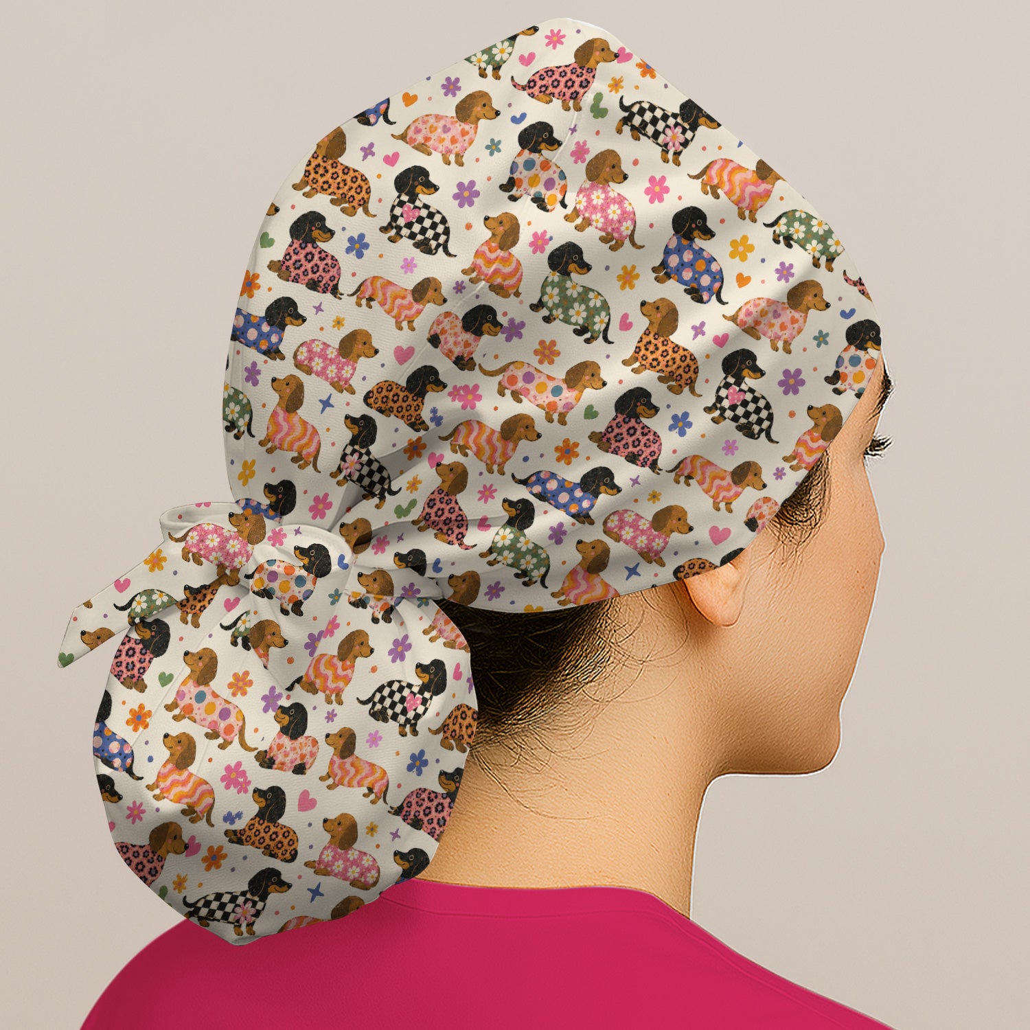 Floral Dachshund Print Scrub Cap, Surgical Caps for Doctors