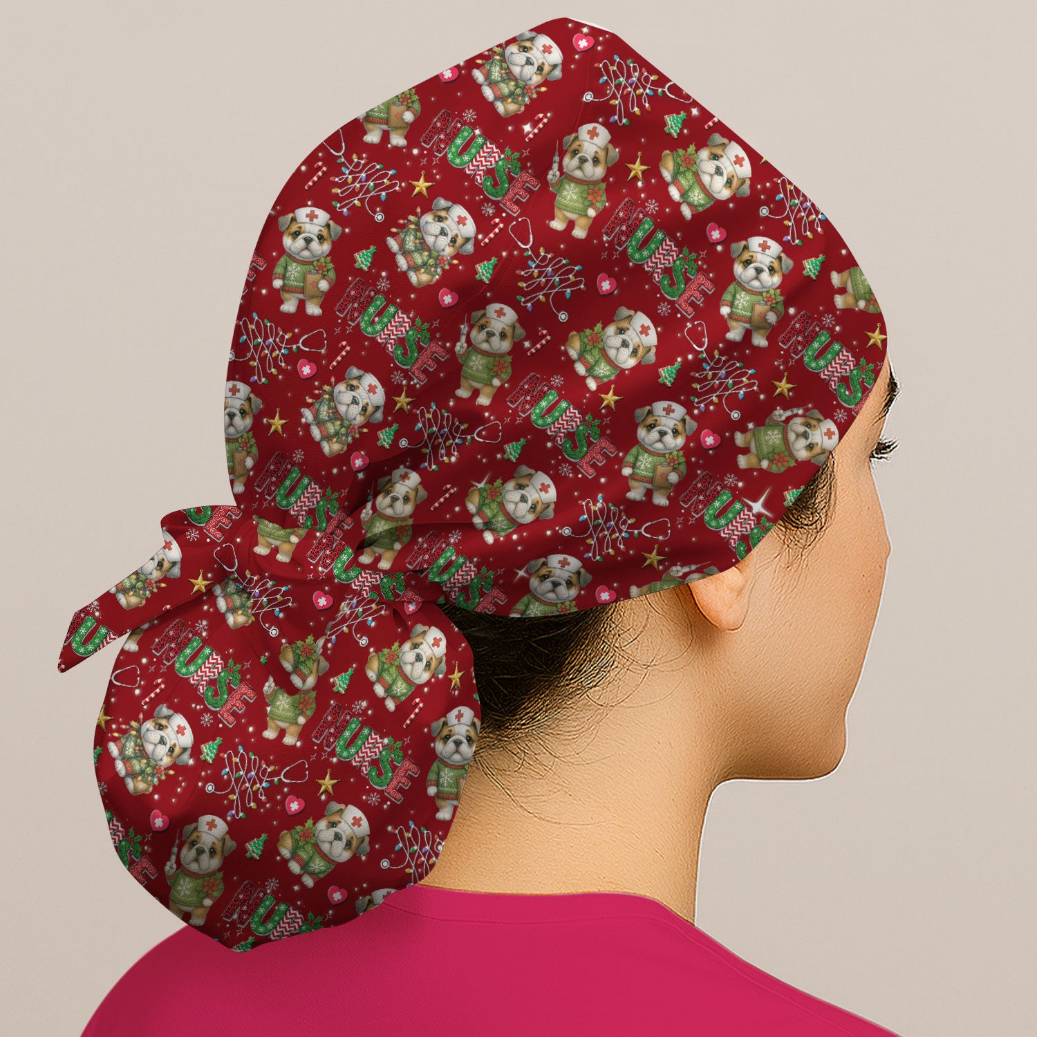 Bulldog Bouffant Scrub Caps for Women - Puppy Lover Gift - Breathable Fabrics Caps Uniform