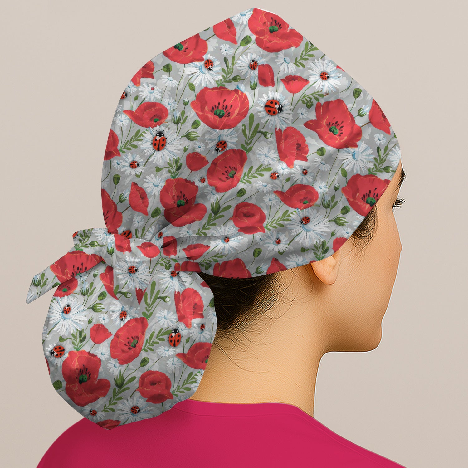 Cute Red Poppy Daisy Ladybug Floral Print Nurse Scrub Cap, Surgical Caps for Doctors