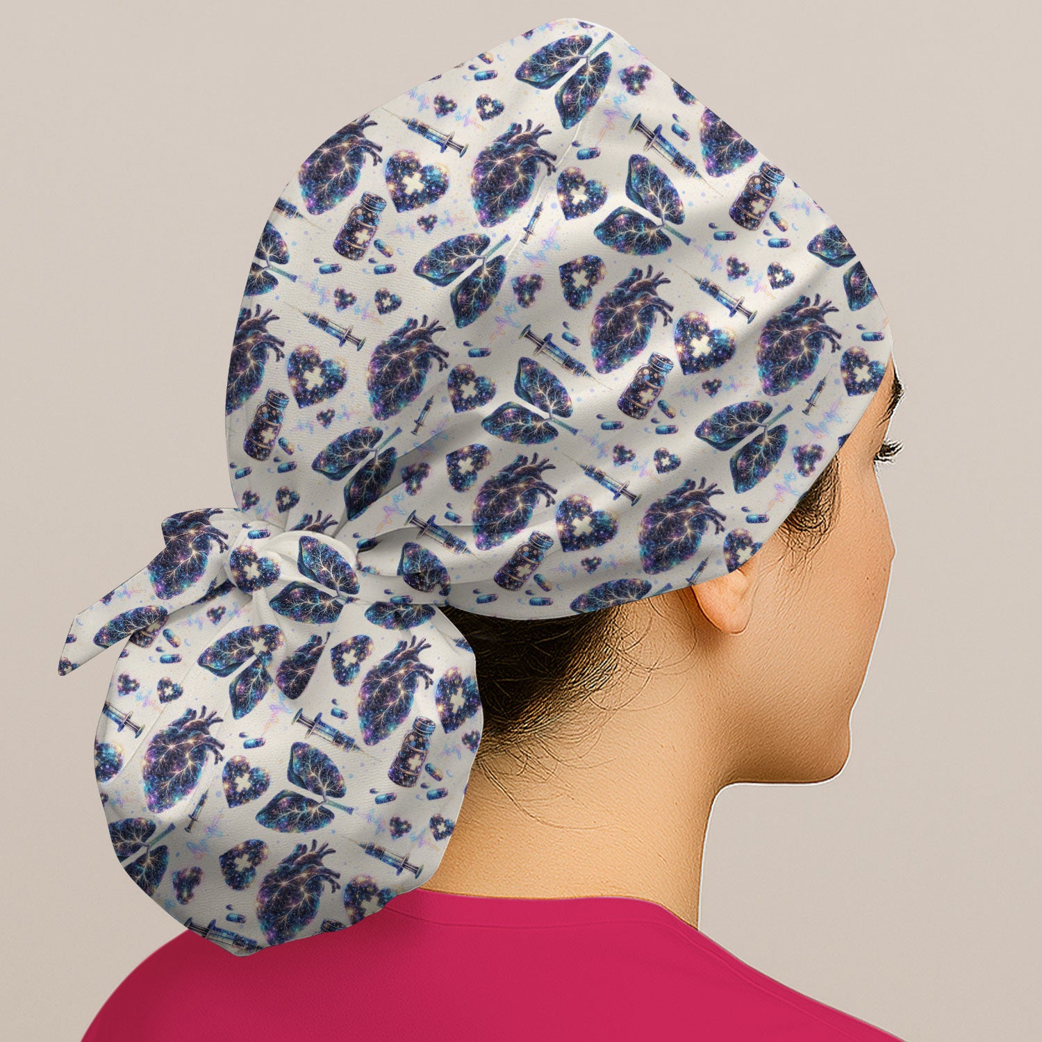 Galaxy Anatomical Heart Lung Syringe Print Cap, Bouffant Scrub Caps for Women