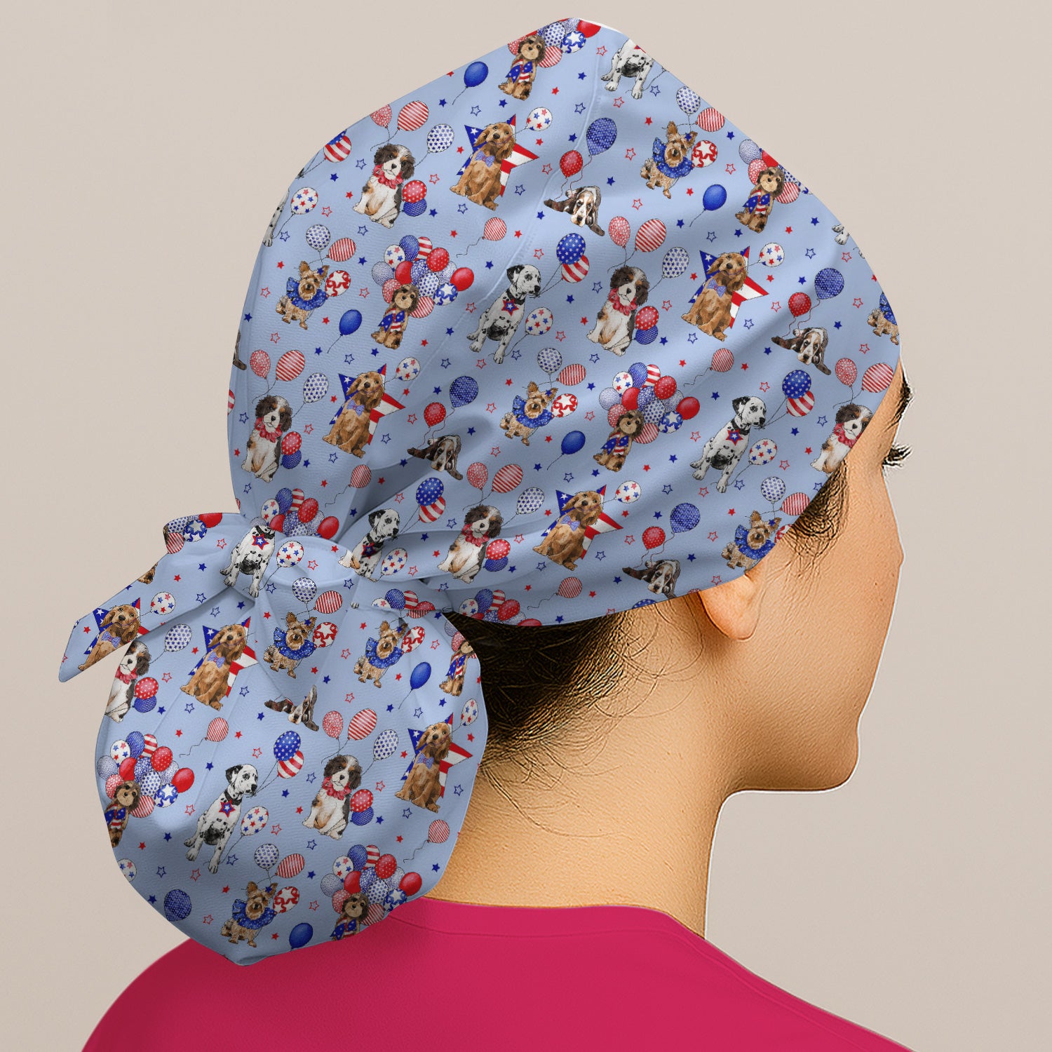 Patriotic Dogs With USA Flag Balloons Pattern Scrub Cap, Surgical Caps for Doctors