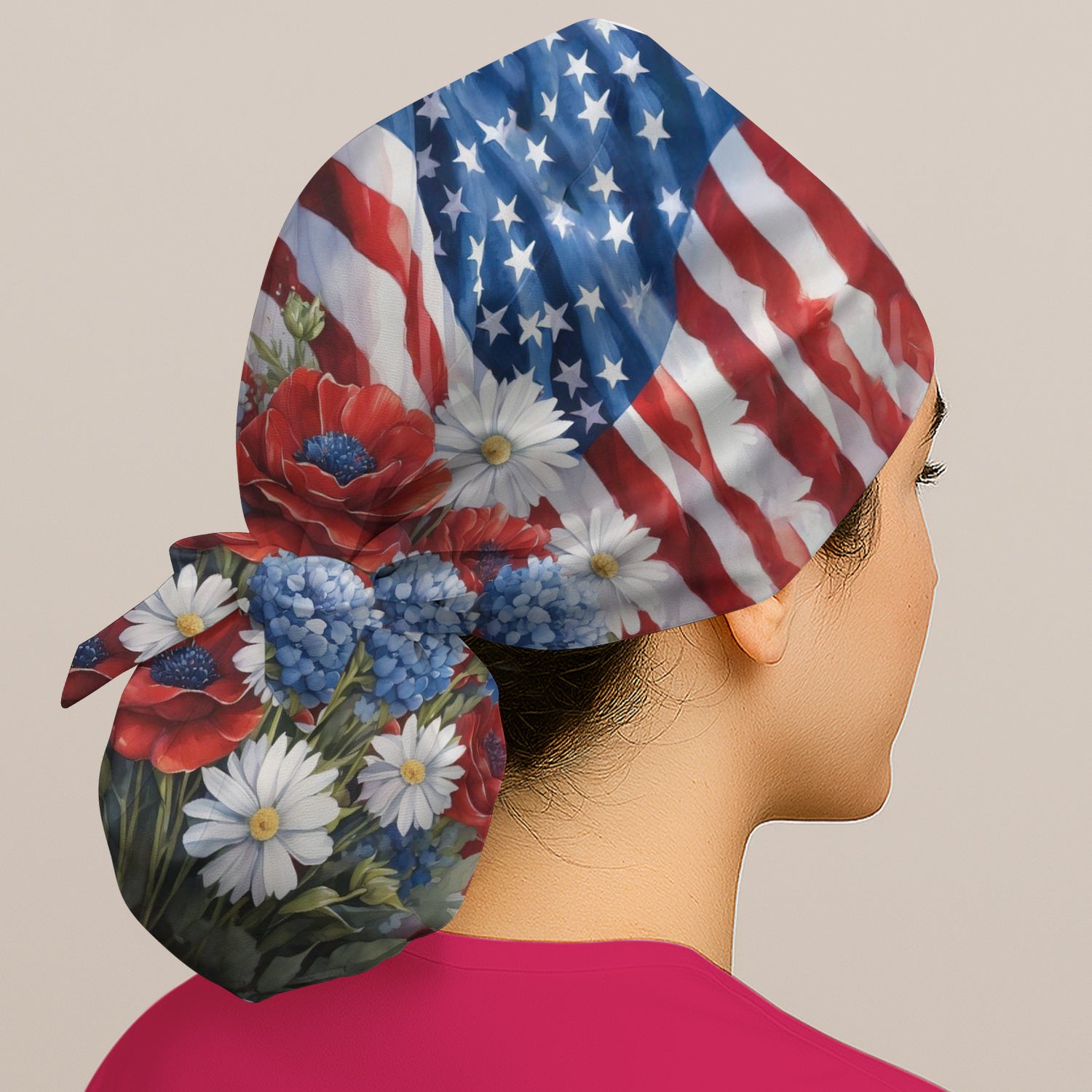 Festive US Flag Floral Bouquet Pattern Nurse Scrub Cap, Surgical Caps for Doctors