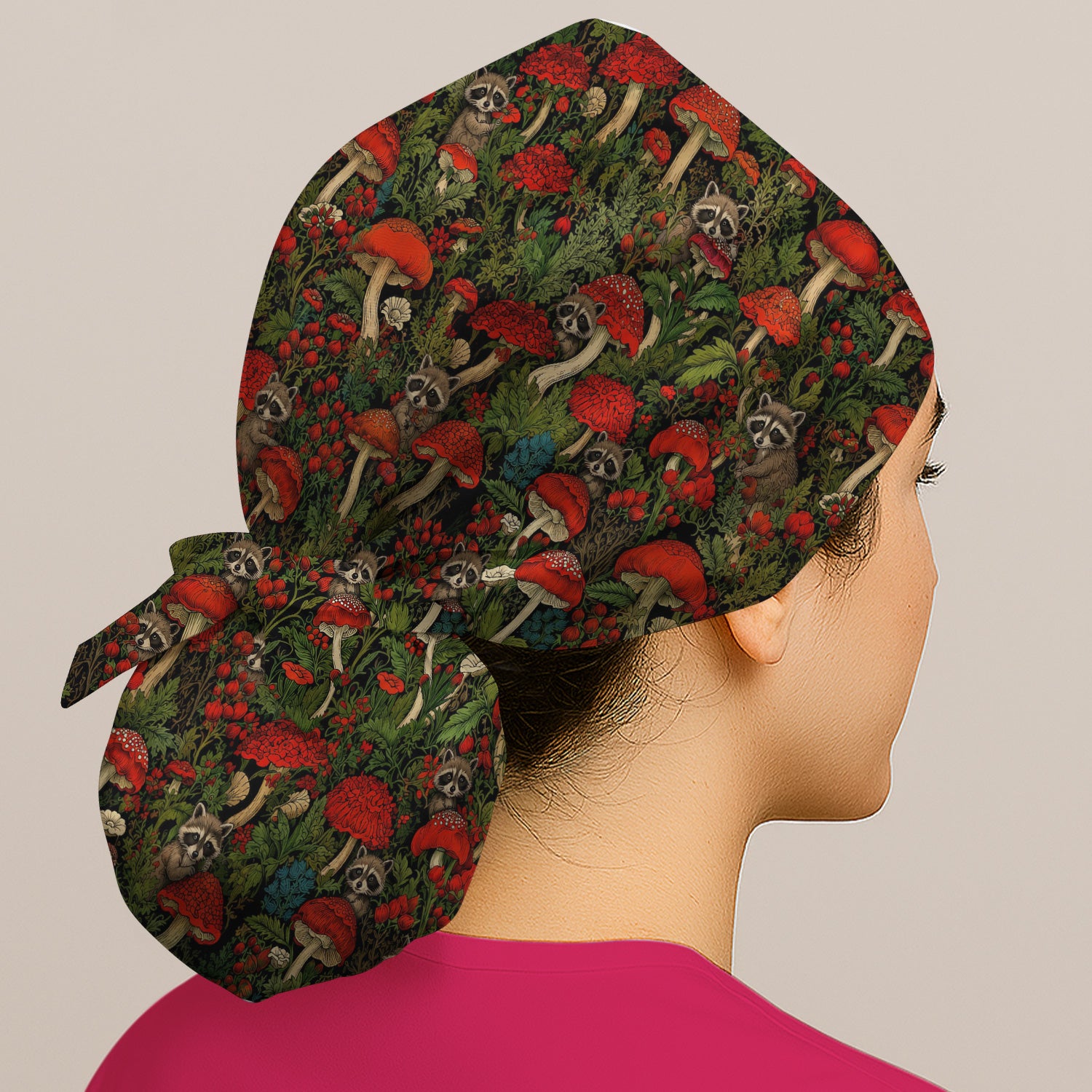 Woodland Raccoon Red Mushroom Pattern Scrub Cap, Surgical Caps for Doctors