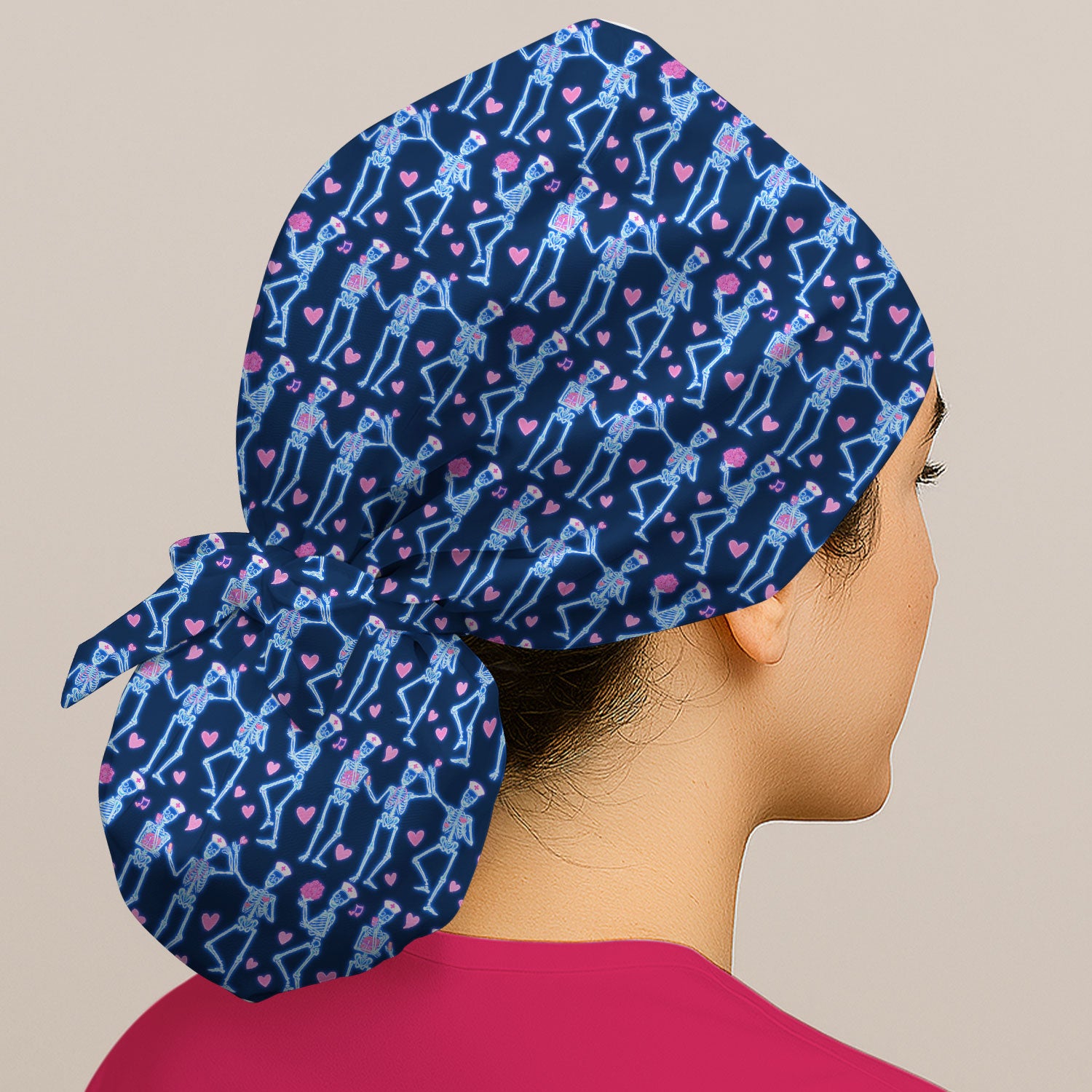 Skeleton Nurse Heart Pattern, Playful Nurse Style, Bouffant Scrub Caps for Women